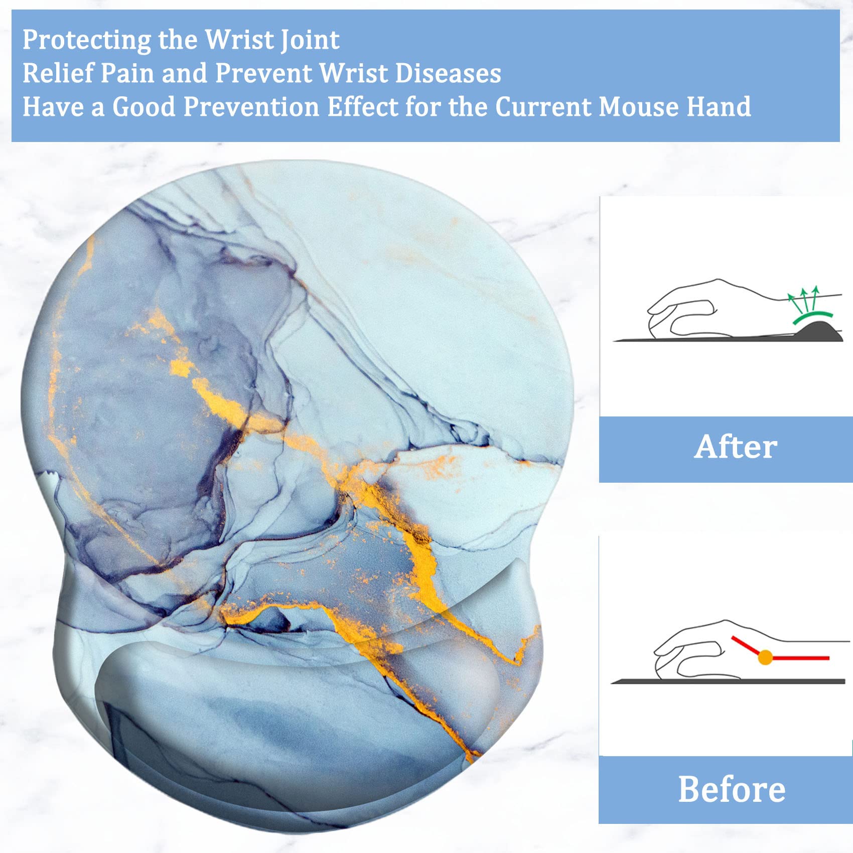 Ergonomic Mouse Pad with Wrist Support - Pain Relief, Non-Slip PU Base for Home Office, Gaming & Studying - Comfortable Computer Mouse Pad (Light Blue Marble) | Perfect for Long Work Hours, PC Gaming & Typing