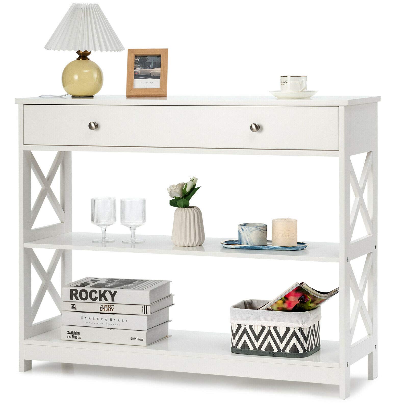 Elegant White Console Table with Storage Drawers & Shelves - Sturdy & Durable Sofa Accent Table for Living Room, Hallway, Entryway - Perfect for Home Decor & Organizing Keys, Books & Decorative Items
