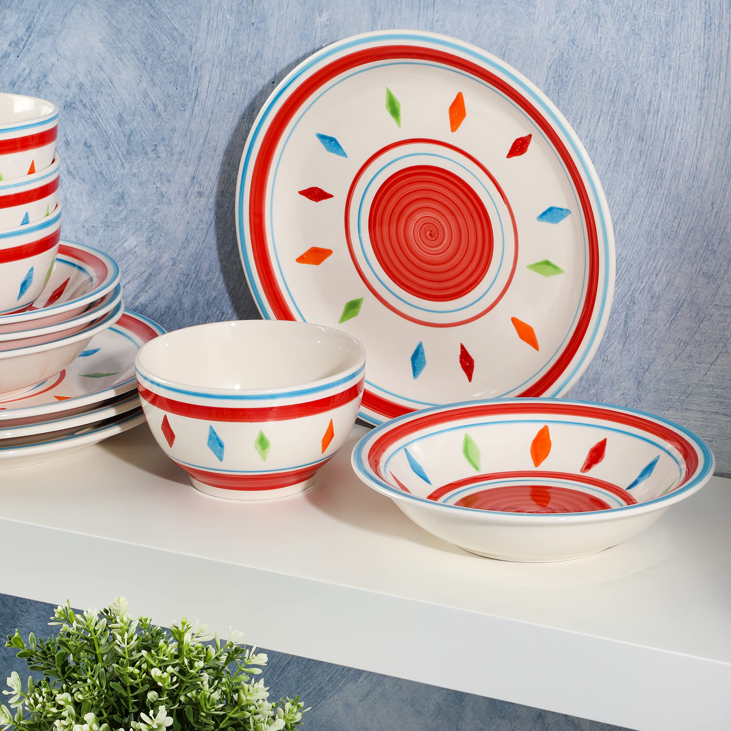Gibson Home Heidy Hand Painted 12-Piece Dinnerware Set - Red Ceramic Plates, Bowls & Mugs, Service for 4 | Elegant Tableware for Everyday Dining, Dinner Parties & Holiday Gatherings