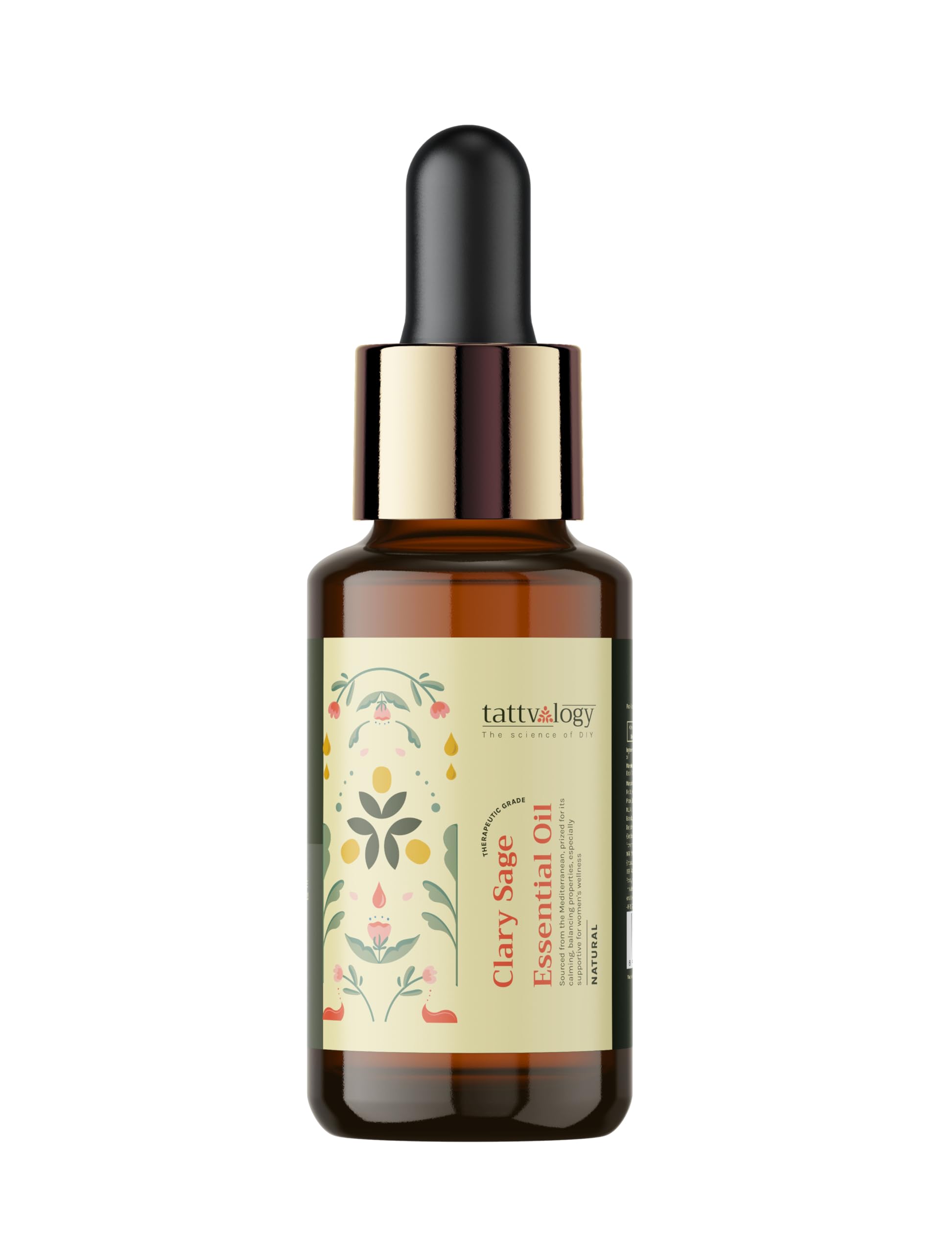 Tattvalogy 100% Pure Clary Sage Essential Oil (Salvia sclarea) - 15ml Therapeutic Grade Aromatherapy Oil for Stress Relief, Mood Balance & Healthy Skin | Relaxing Massage, Diffuser & Skincare Solution in Glass Bottle