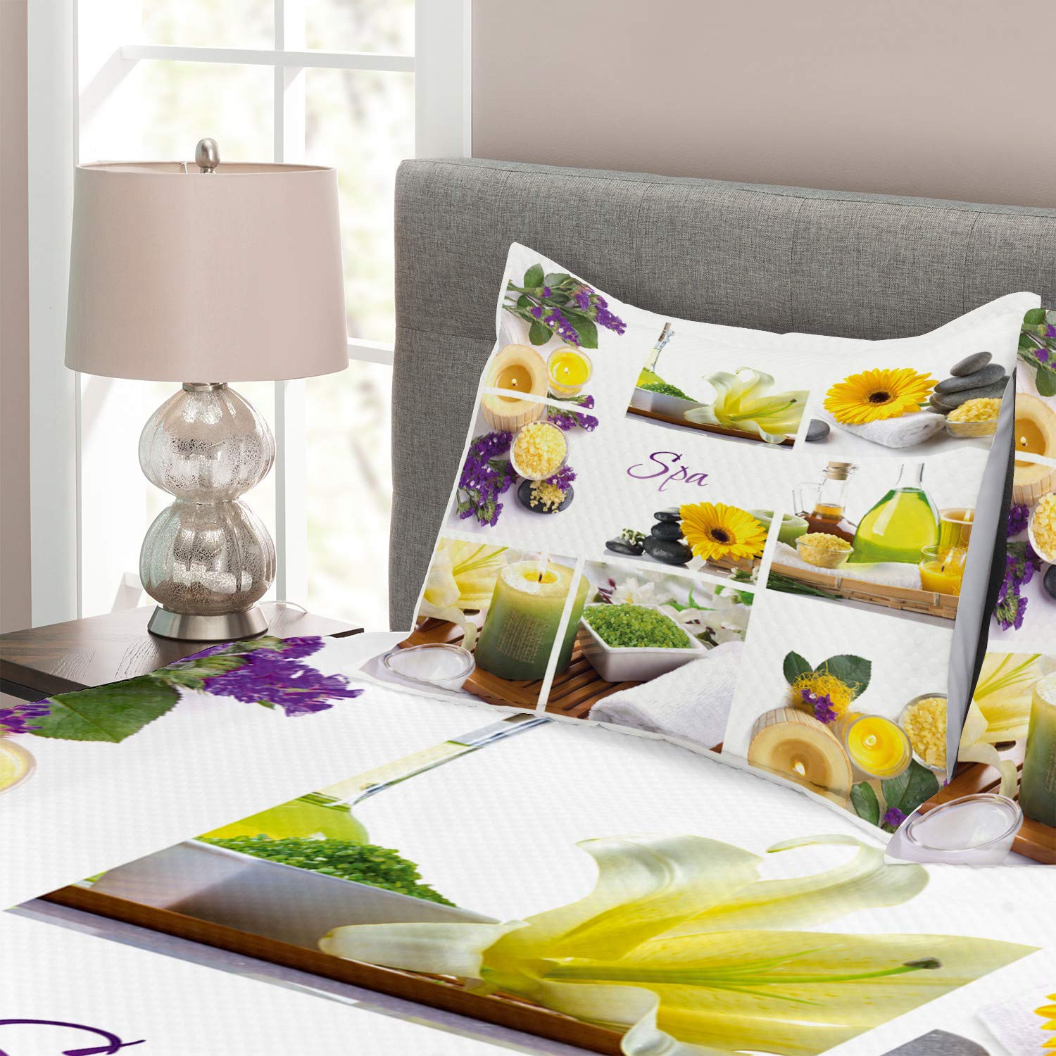 Ambesonne 3-Piece King Size Spa Bedspread Set - Yellow Happy Peaceful Floral Design with Candles & Herbal Oils | Decorative Bedding Coverlet & 2 Pillow Shams in Yellow, Purple & White | Perfect for Spa-Themed Bedrooms, Relaxing Retreats & Gift Giving