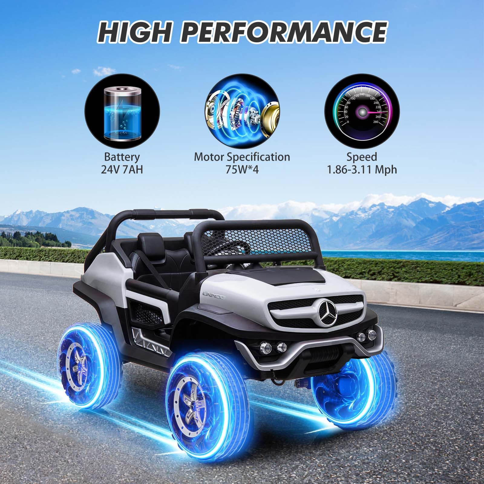 GARVEE 24V Kids Ride On Truck - 2 Seater Licensed Mercedes Benz Electric Toy Car with Remote Control, LED Lights & Music | Battery Display, Spring Suspension & Trunk | Perfect for Toddlers Outdoor Play & Birthday Gifts