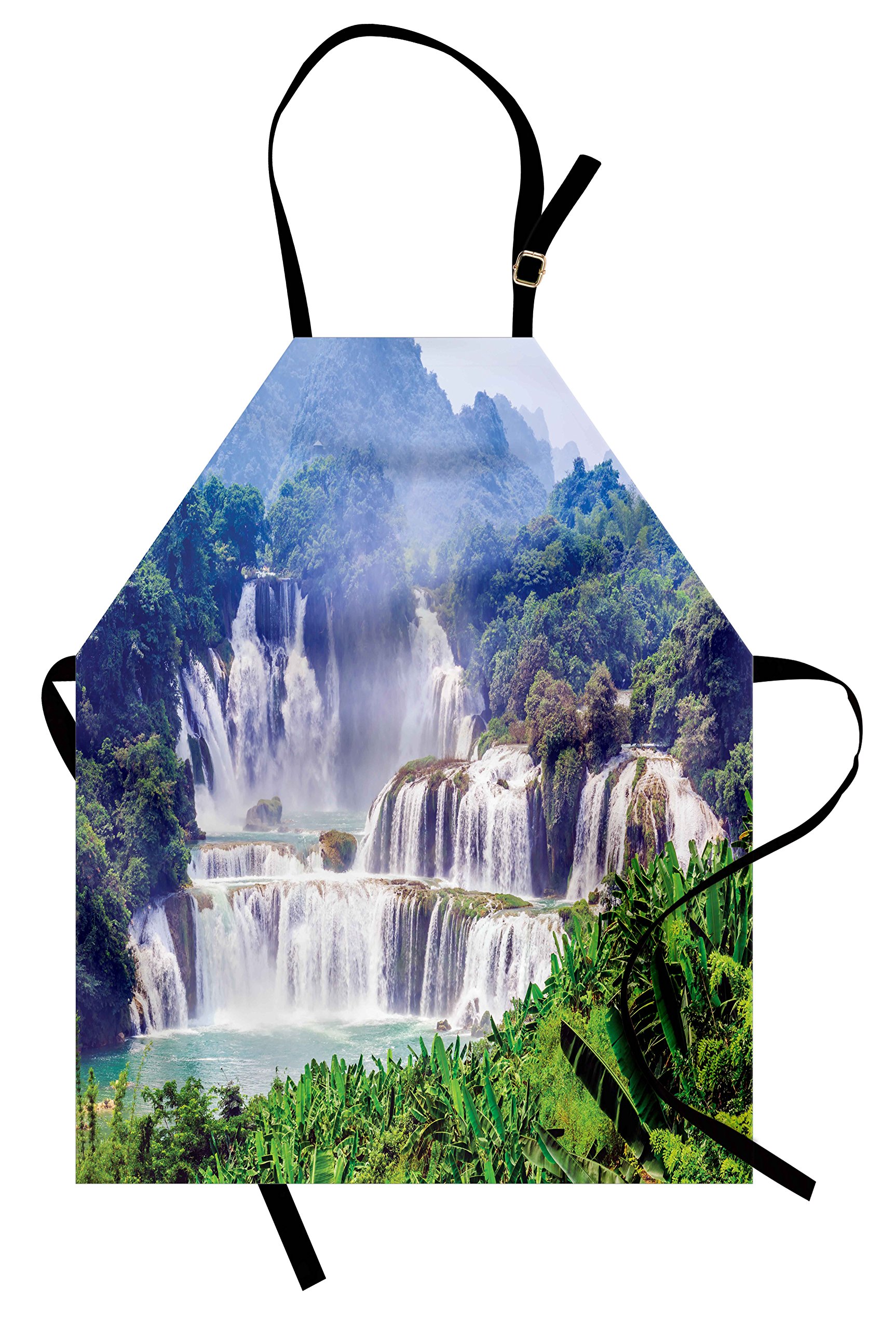 Ambesonne Tropical Leaves Apron - Adjustable Unisex Kitchen Bib for Cooking, Baking, Gardening - Waterfall Exotic Nature Design with Swimming Pool Water Print - Perfect for Home Chefs, BBQ Parties & Outdoor Activities (Forrest Green & Pale Blue)