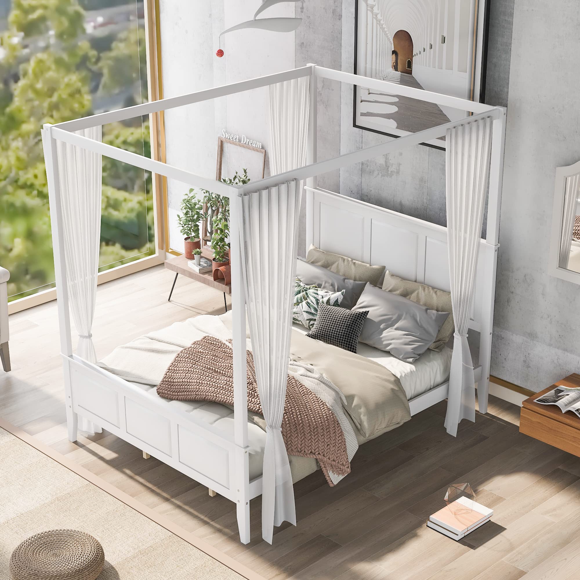 Merax Solid Wood Queen Canopy Bed Frame with High Headboard & Footboard - 4-Poster Metal Platform Bed for Master Bedroom (White, Queen Size) | Elegant Bedroom Furniture for Romantic & Vintage Home Decor