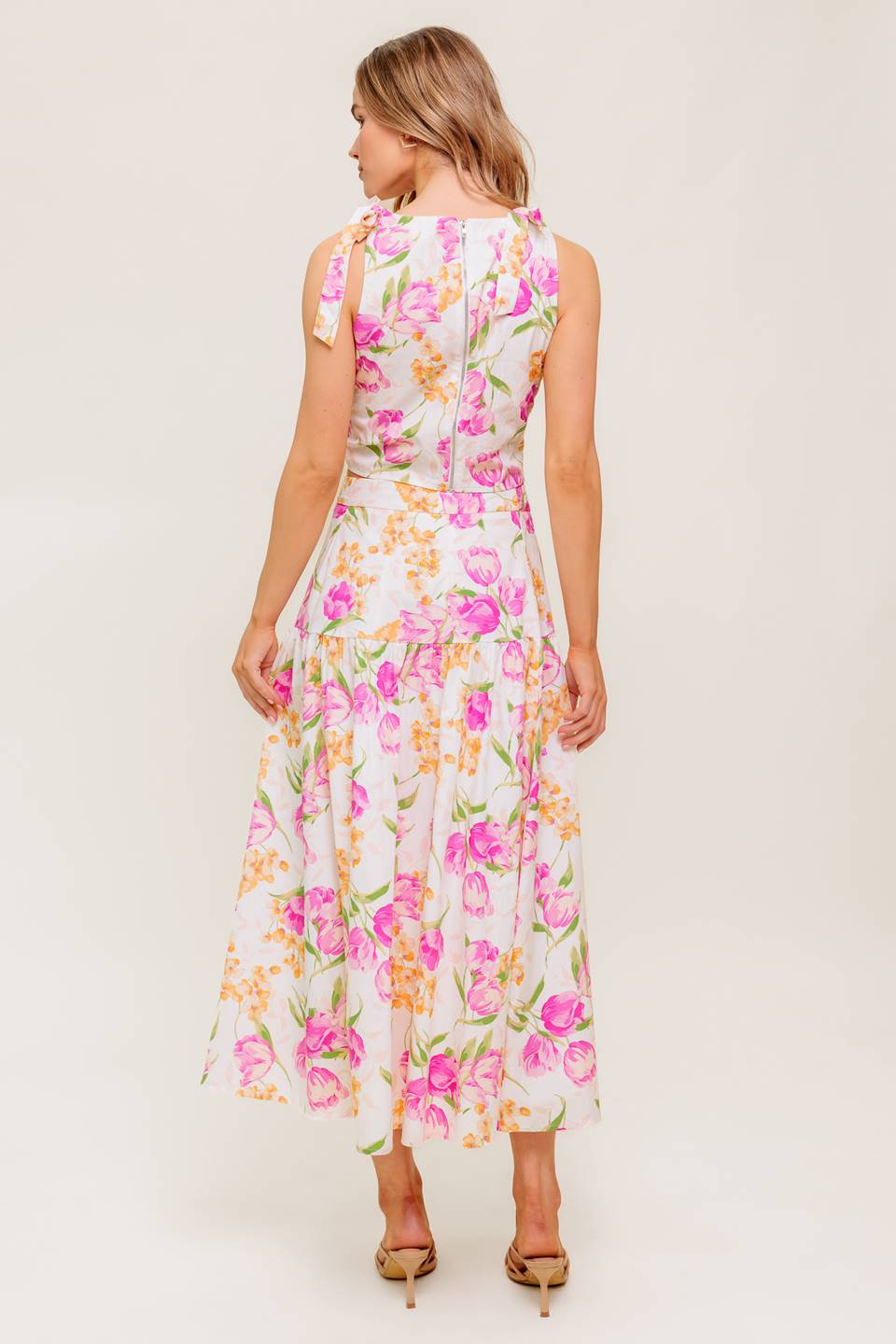 Pink Tulip Floral Print Top & Midi Skirt Set for Women - Spring Summer Garden Party Outfit, Beach Vacation, Brunch Date