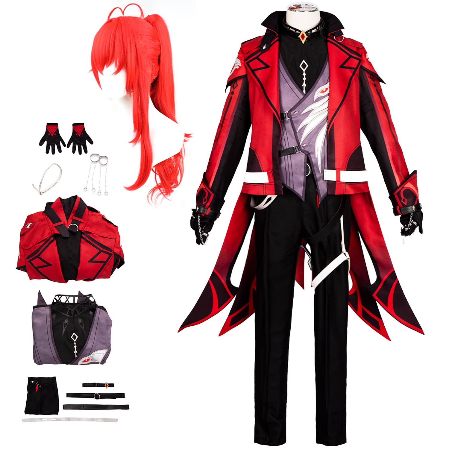 Genshin Impact Diluc Cosplay Costume Set with Wig - Premium Anime Cosplay Outfit for Men | Halloween, Comic Con & Anime Convention Costume