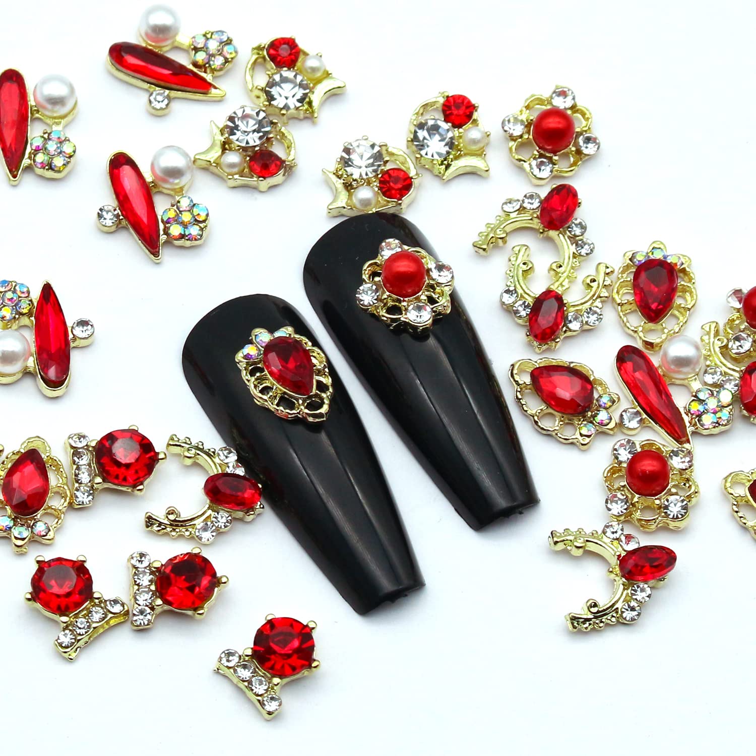 30pcs 3D Gold Alloy Nail Charms with Red Rhinestones - Crystal Nail Gems for Acrylic Nails, DIY Nail Art Decorations - Perfect for Bridal, Party, and Salon Nail Designs