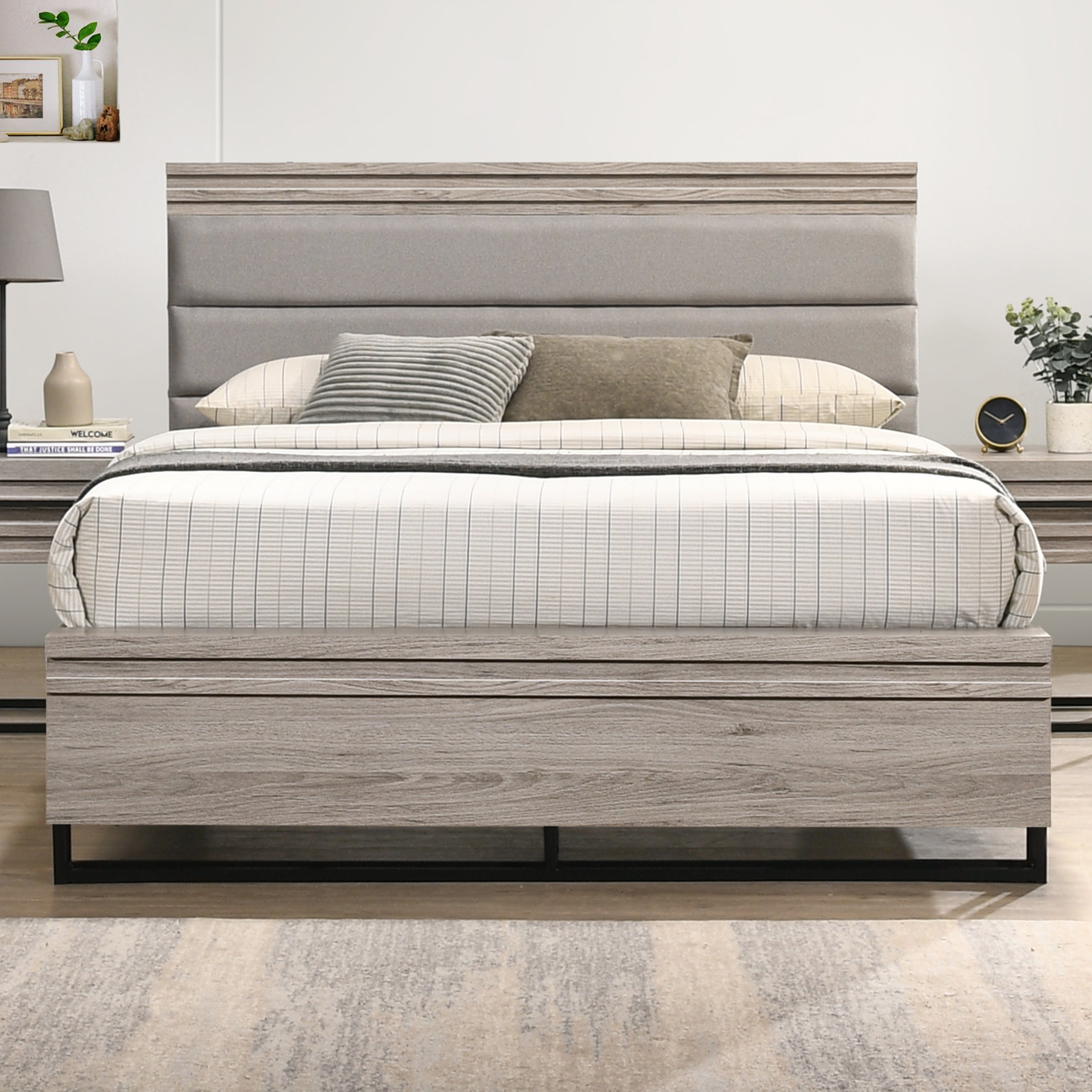 Alvear Upholstered Wood Wallbed with White LED Lights & 2 Nightstands - Modern Space-Saving Murphy Bed in Weathered Gray Finish | Perfect for Small Apartments, Guest Rooms & Studio Living