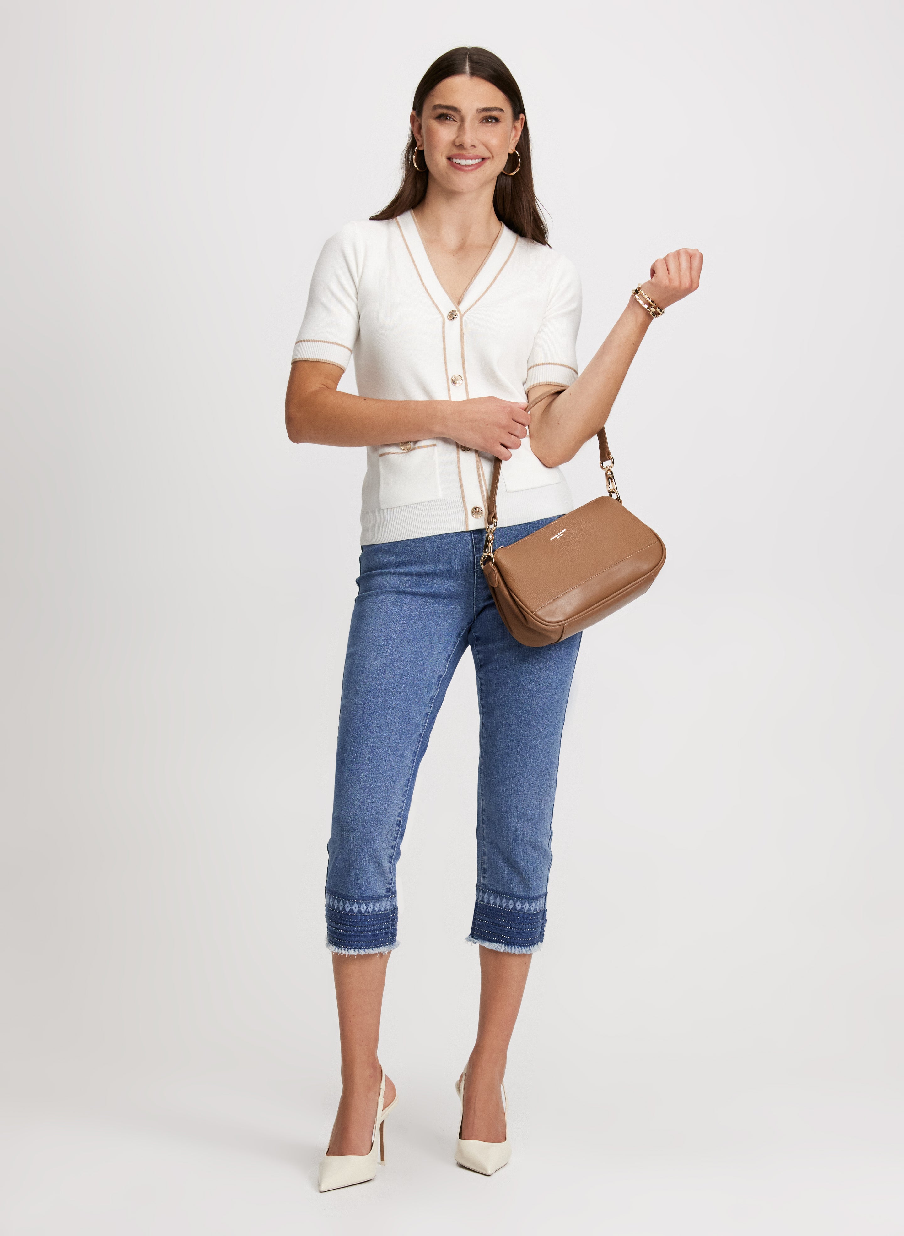 Crest Buttons Cardigan & Pull On Jeans for Women - Stylish Knit Sweater and Comfortable Stretch Denim Pants - Perfect for Casual Outfits, Office Wear, and Weekend Errands