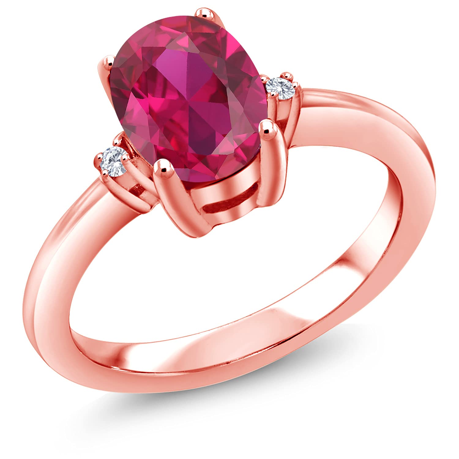 18K Rose Gold Plated Silver Ring with Oval Red Created Ruby & Moissanite (1.38 Cttw) - Elegant Jewelry for Women, Perfect for Weddings, Anniversaries & Special Occasions | Gem Stone King