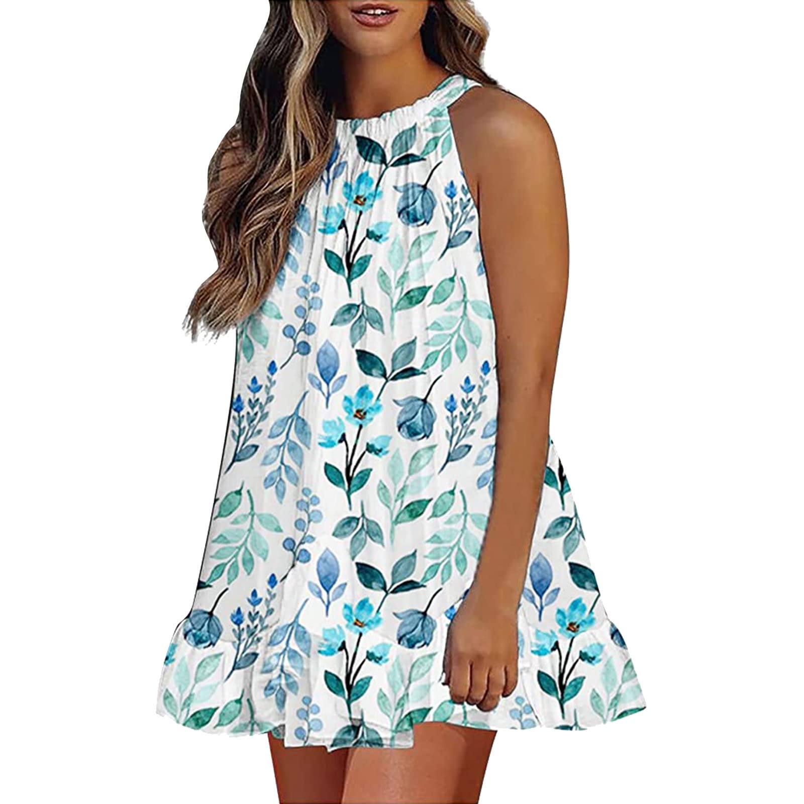 WANYNG Women's Long Maxi Dress - Elegant Floral Print Halter Neck Sleeveless Summer Dress with Ruffles Trim | Perfect for Beach Vacation, Date Night & Casual Outings