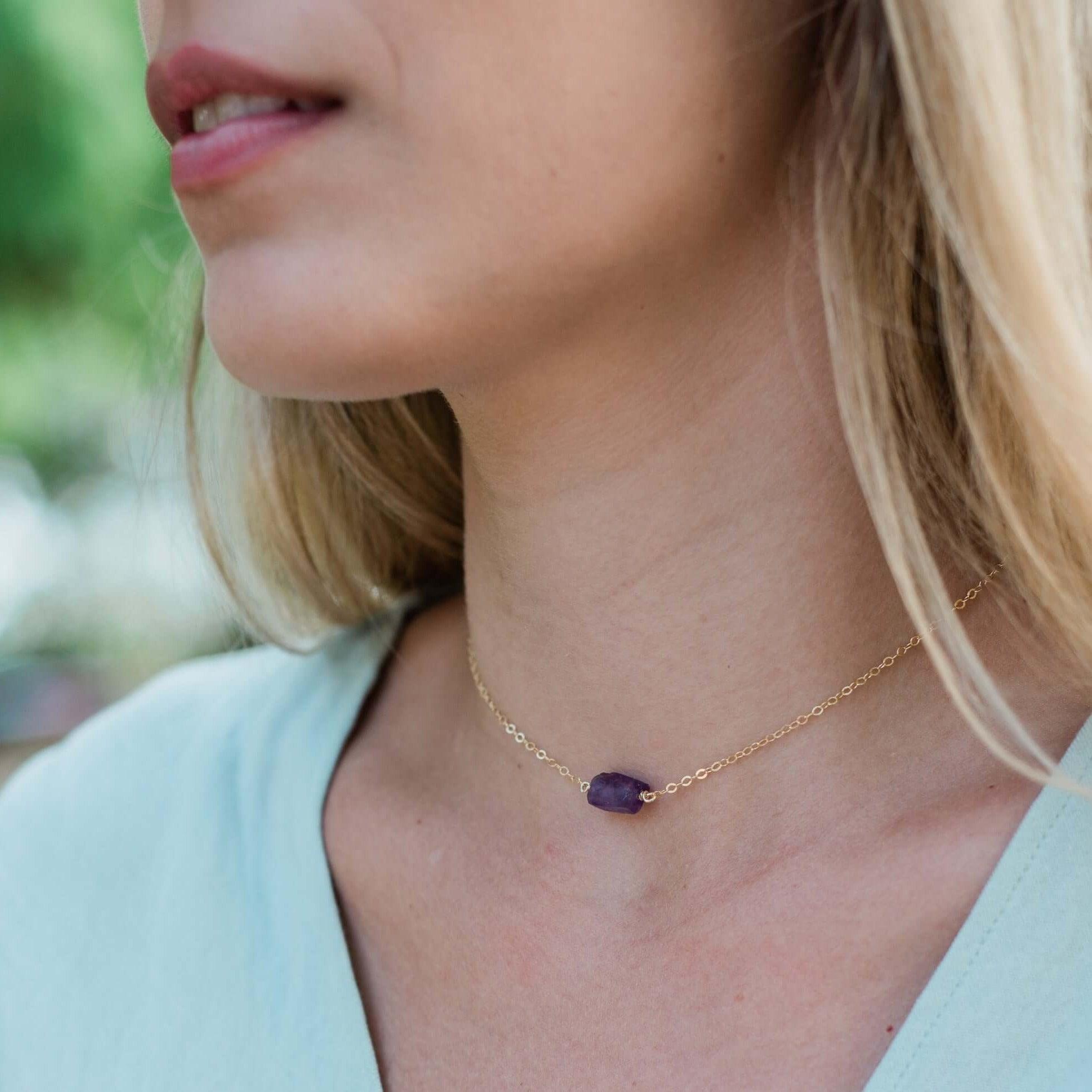 Natural Tiny Raw Amethyst Crystal Nugget Choker Necklace for Women - Spiritual Healing Jewelry for Meditation, Yoga & Energy Balancing