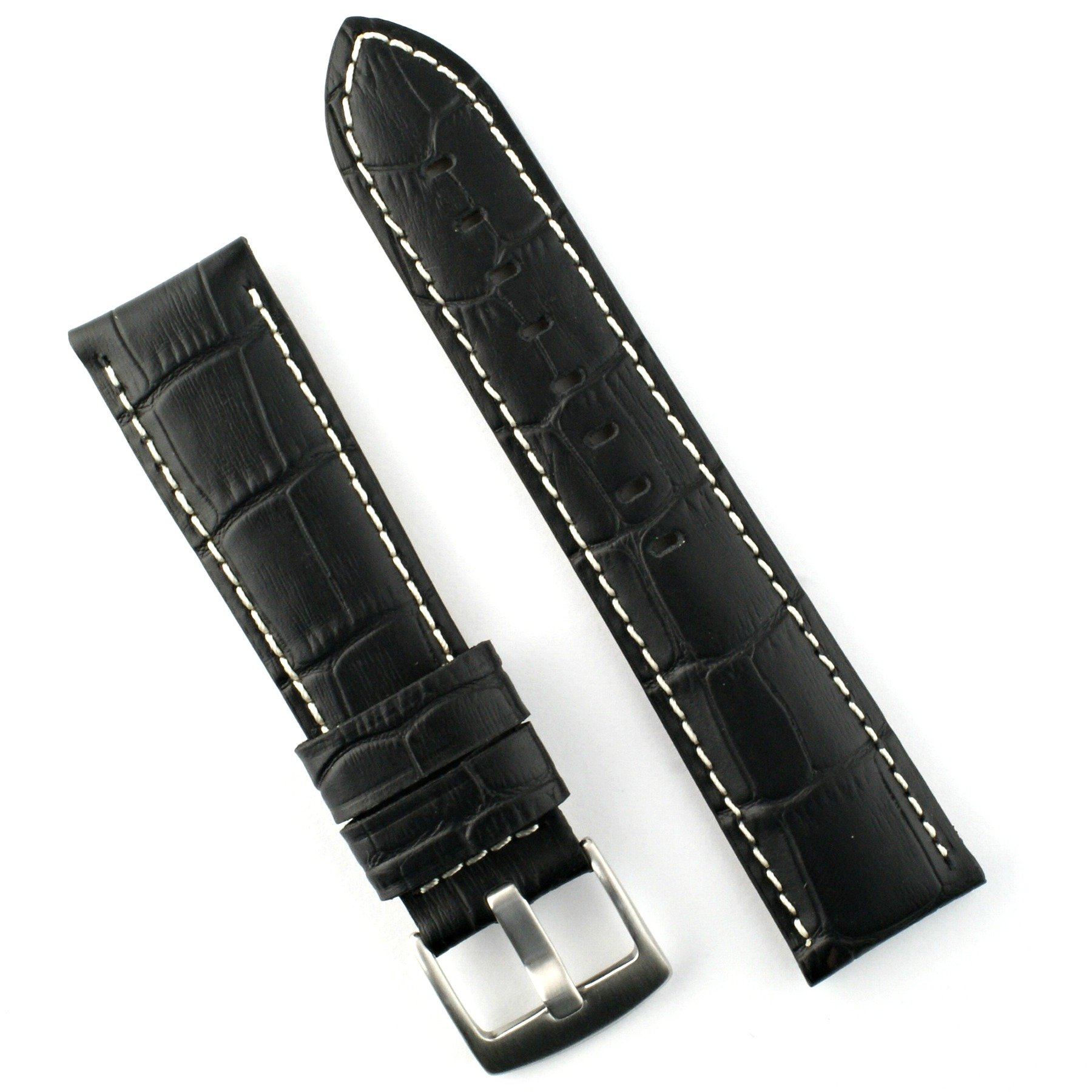Premium 22mm Black Genuine Alligator Leather Watch Band with White Stitching - Small Length for Men's Watches | Perfect for Business, Formal Occasions & Luxury Watch Upgrades
