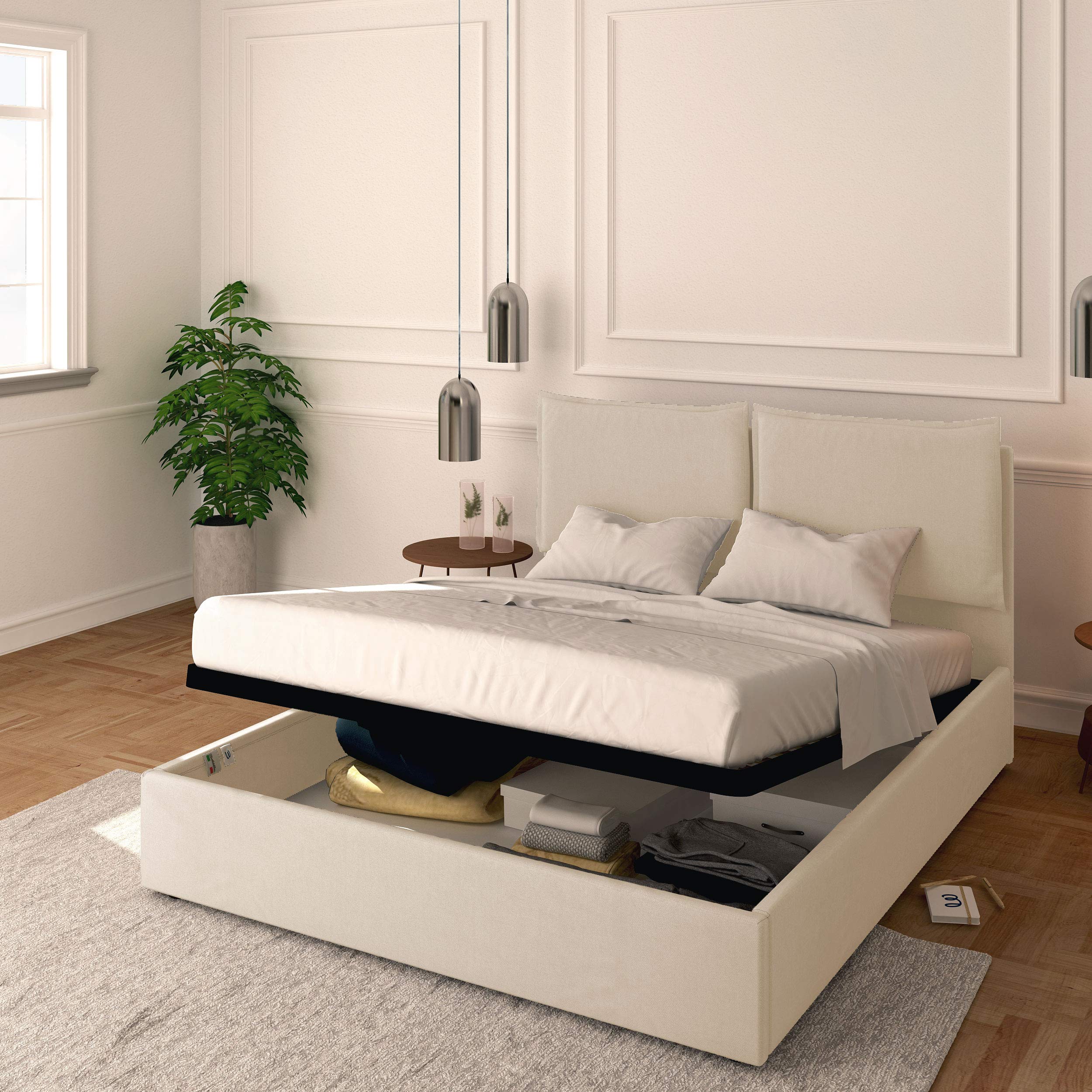 Baldiflex Licia Queen Size Bed Frame with Upholstered Headboard, Synthetic Leather, Slatted Base, Storage Drawer, 180x190cm, White - Perfect for Modern Bedrooms & Guest Rooms