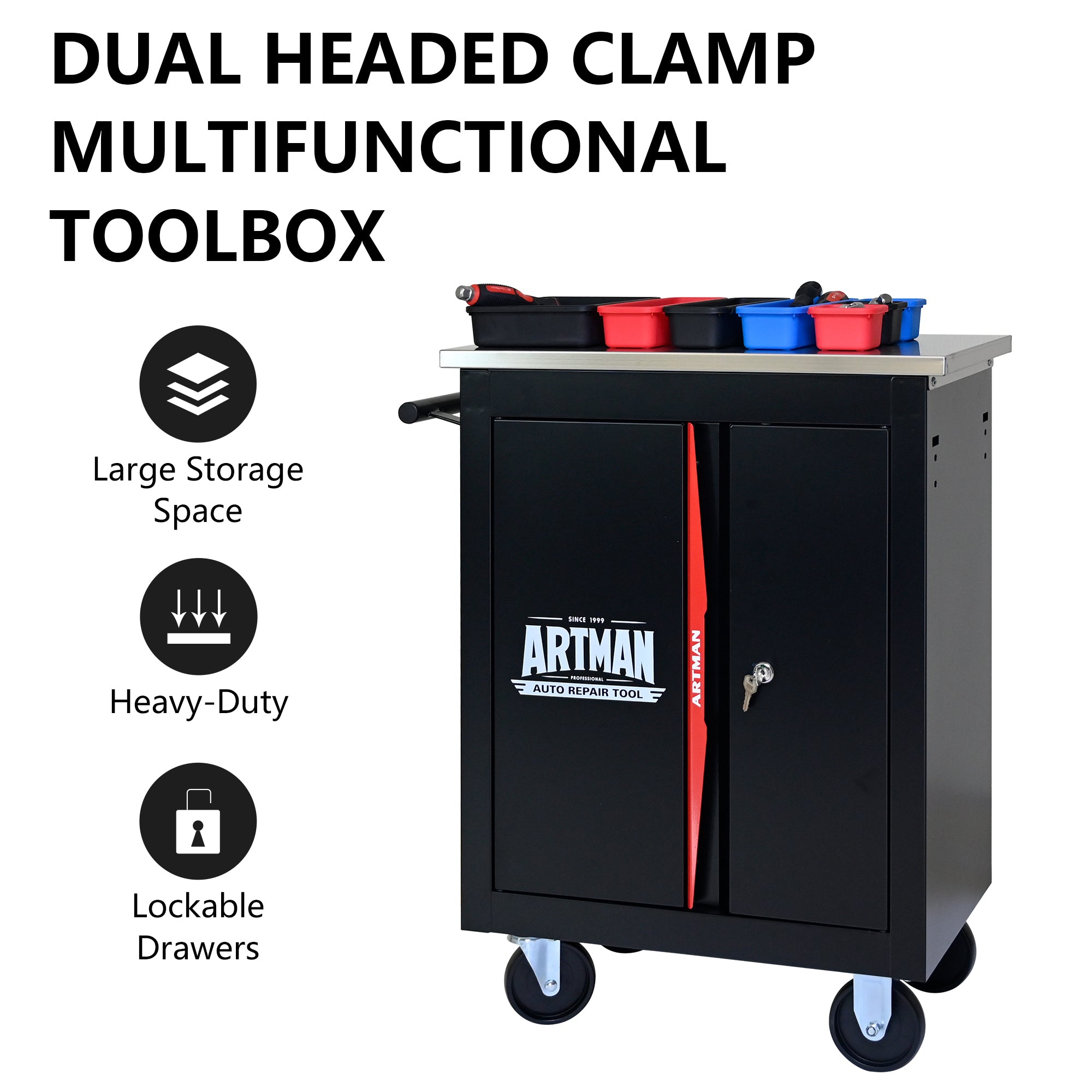 Double Door Clapboard Multi-Function Tool Cart - Black & Red | Heavy Duty Rolling Utility Cart for Workshop, Garage & Home Organization