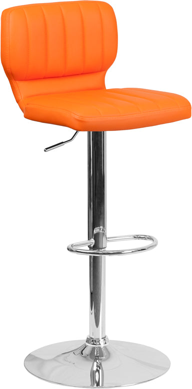 FLASH Jeremy Contemporary Orange Vinyl Adjustable Height Bar Stool with Vertical Stitch Back & Chrome Base - Modern Kitchen Island & Home Bar Seating
