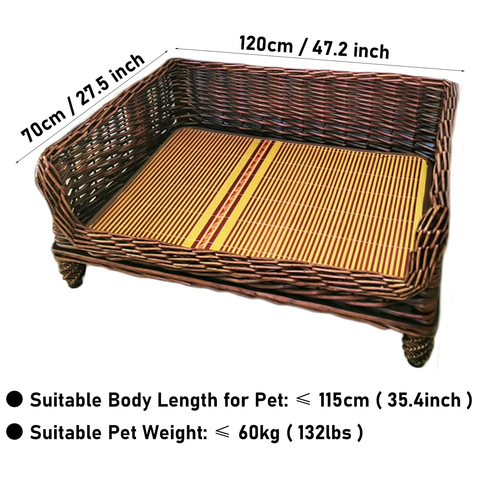 Premium Brown Elevated Dog Bed with Bamboo Mat - Wicker/Rattan Pet Cot for Large/Medium/Small Dogs, Cats & Rabbits - Breathable Sofa Style (120x70cm) - Perfect for Indoor/Outdoor Use in Living Room, Patio or Garden