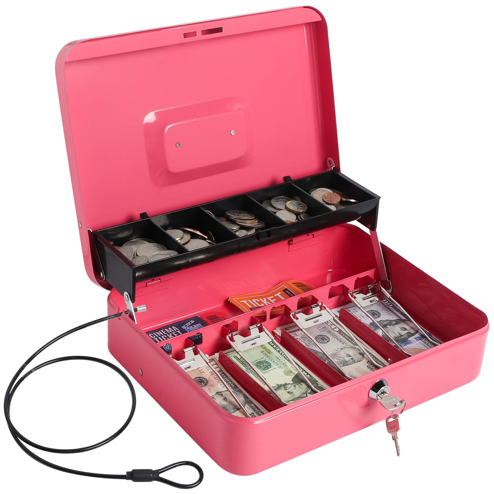 Secure Pink Cash Box with Money Tray & Key Lock - 11.8x9.5x3.5 Inch Money Organizer with Security Cable - Ideal for Retail Stores, Events, and Home Cash Management