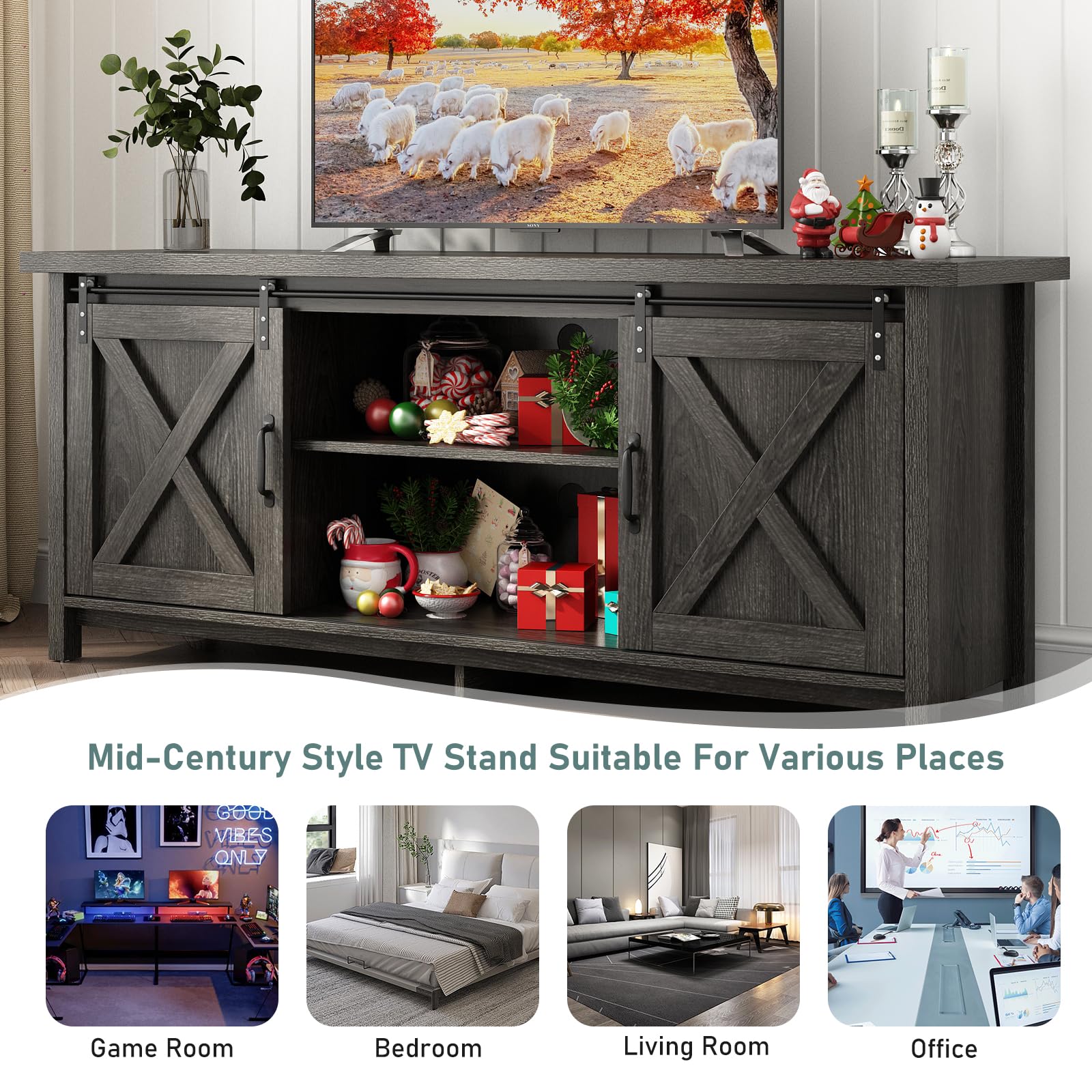 Rustic Farmhouse TV Stand for 50-65 Inch TVs with Adjustable Shelves & Sliding Barn Doors - Dark Grey Wooden Entertainment Center for Living Room, Bedroom (58 Inch) - Perfect for Modern Farmhouse Decor & Small Space Storage Solutions