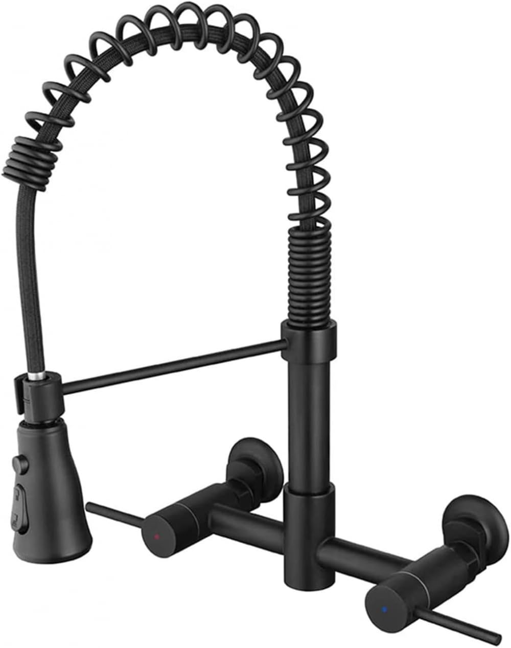 **BIVVI 8-Inch Wall Mount Kitchen Faucet with Pull Down Sprayer, Double Handle Mixer Tap, 360° Swivel Spring Design - Matte Black for Modern Farmhouse & Industrial Style Kitchens**