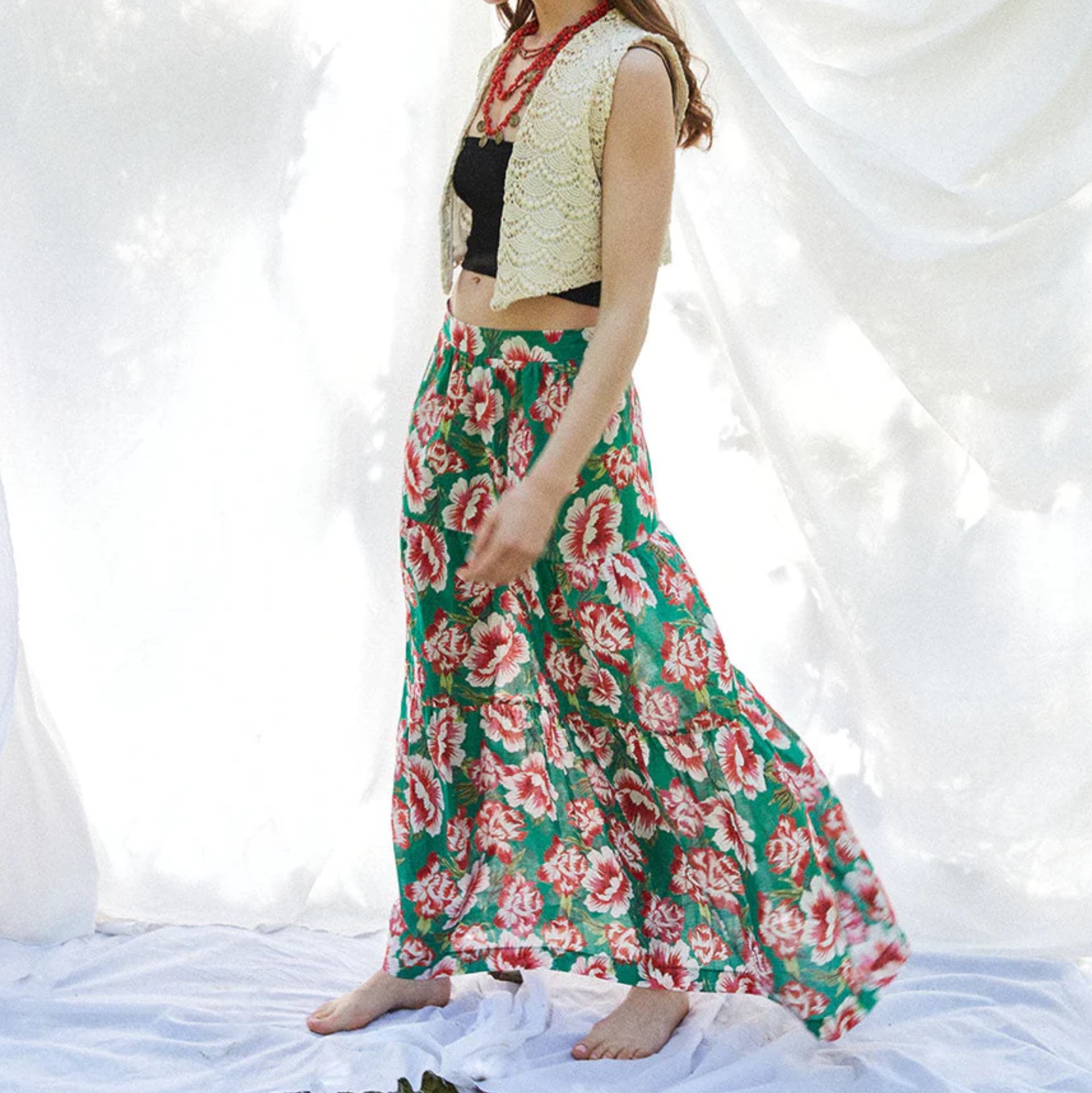 Athenes Floral Print Skirt - Green Background | Women's Summer Casual Skirt for Beach, Vacation & Outdoor Activities