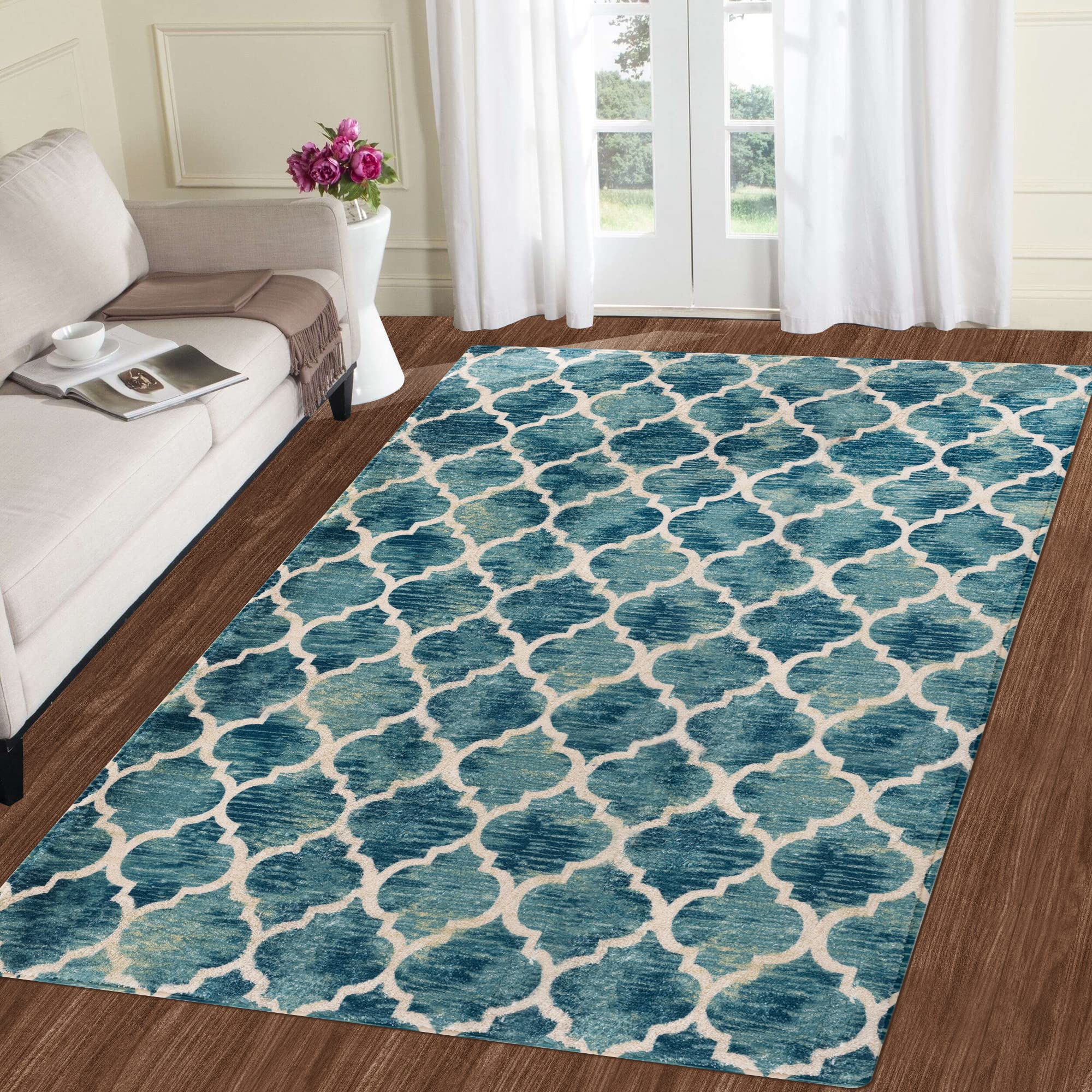Soft Velvet Moroccan Trellis Area Rug - 5'x7' Blue Distressed Accent Carpet for Living Room & Bedroom Decor | Boho Chic Floor Mat for Home, Office & Dorm