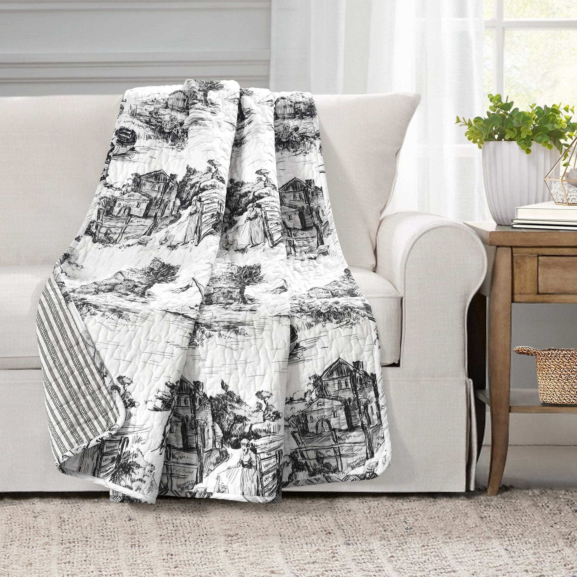 French Country Toile Throw Blanket - Soft Cotton Farmhouse Style Decorative Throw for Couch, Bed & Sofa - Perfect for Living Room, Bedroom & Cozy Home Decor