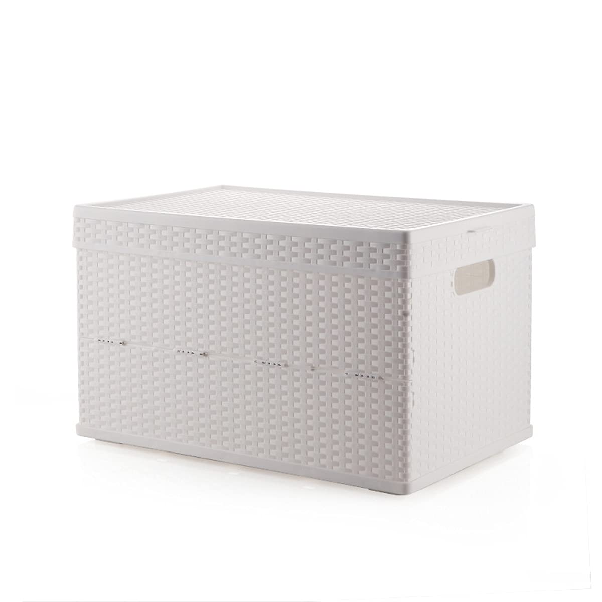 Yzlife 2-Pack Collapsible Storage Boxes with Lids - Woven Rattan Design Plastic Organizer Bins for Shelves, Closet, Toys, Books & Shoes (56x36x34cm, White) | Perfect for Home Organization, Kids Room & Car Trunk Storage