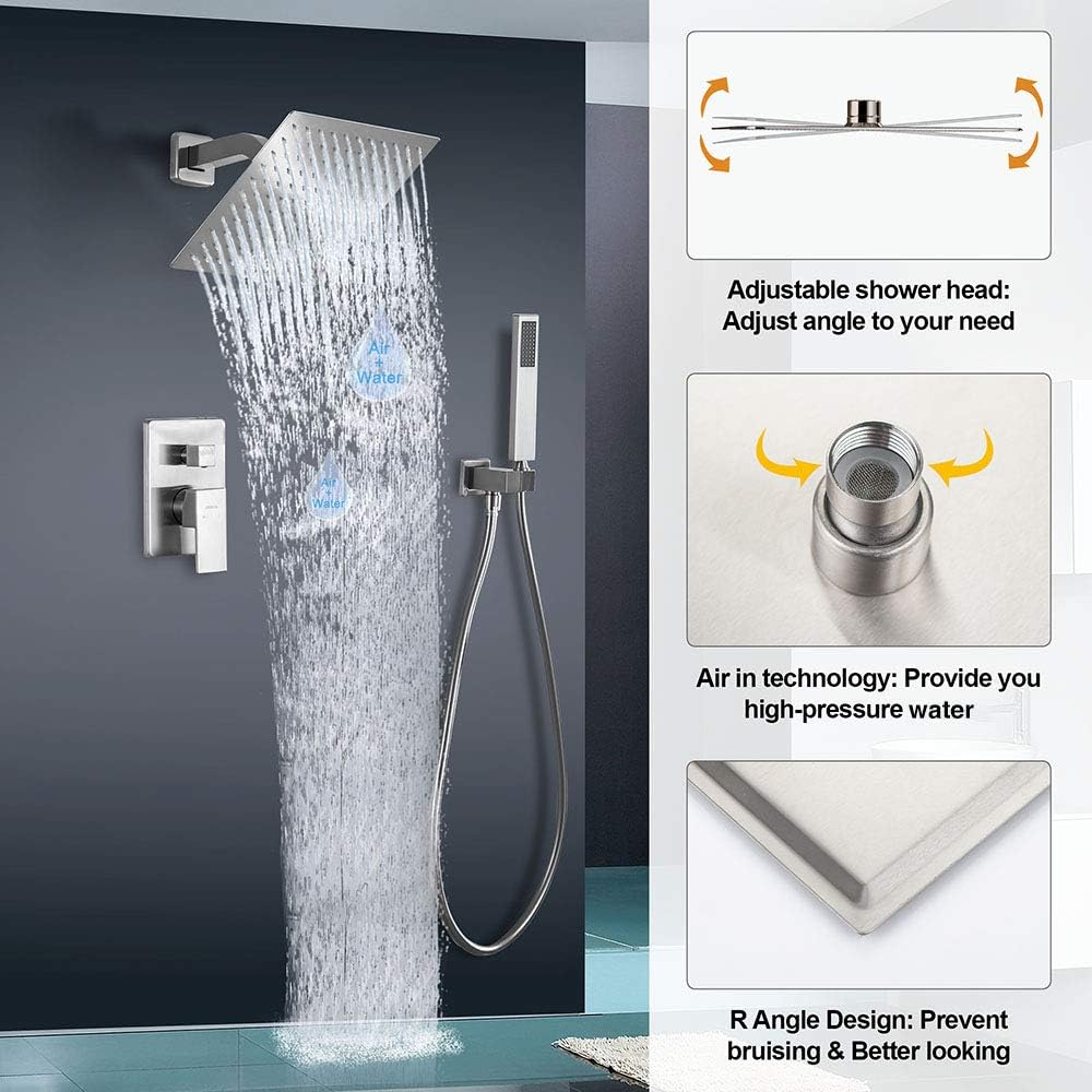 Luxury 10 Inch Wall Mounted Rain Shower System with Handheld Shower - Chrome Bathroom Faucet Set with Rough-in Valve & Trim Kit for Spa-Like Shower Experience