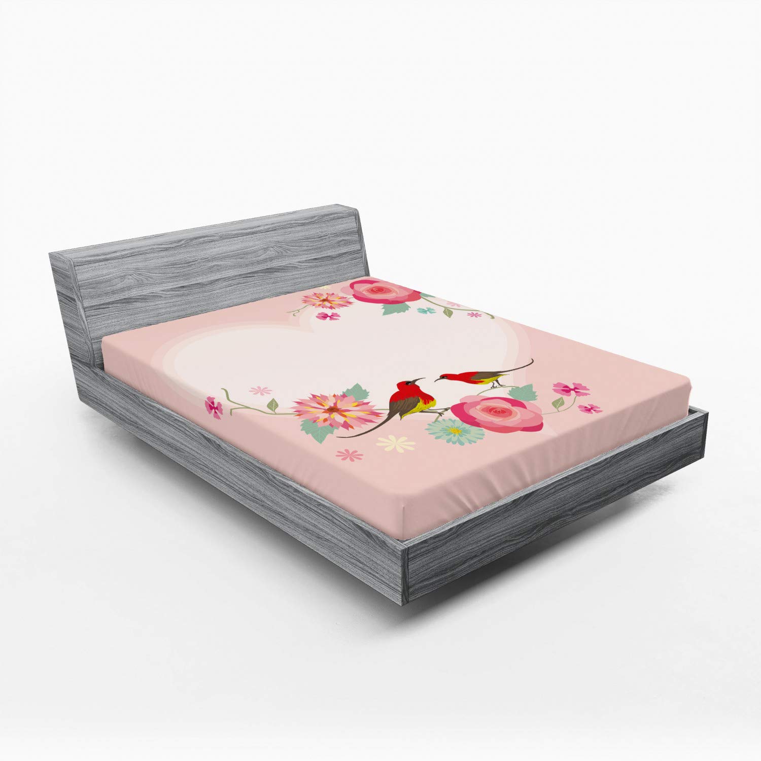 Ambesonne Floral Fitted Sheet - Queen Size Deep Pocket with All-Around Elastic, Valentine's Day Heart & Bird Print in Blush Multicolor | Perfect for Romantic Bedroom Decor, Guest Room Essentials & Cozy Home Styling