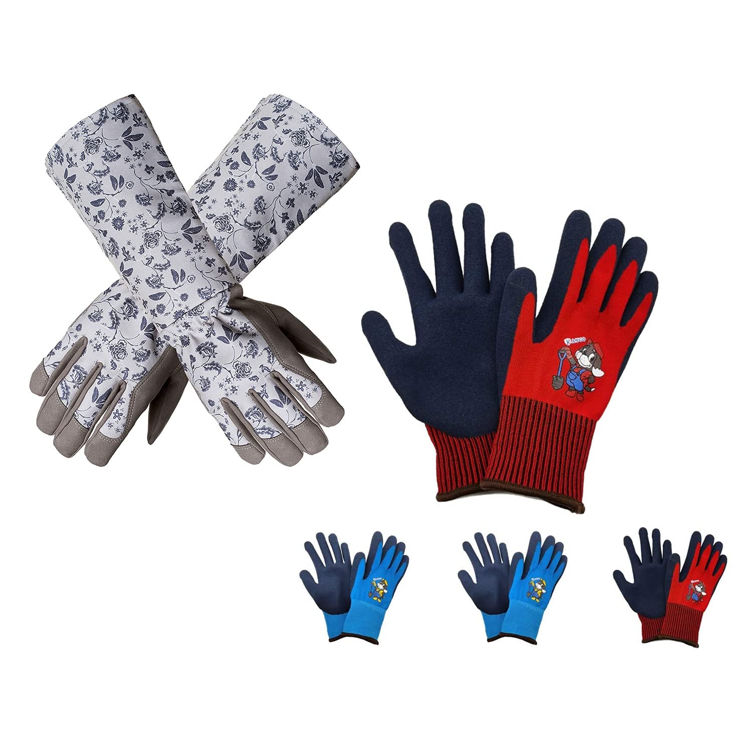 KAYGO Long Forearm Gardening Gloves KG129LG & Kids Polyester Seamless Knitted Garden Gloves KGKID100 - Durable Protection for Planting, Weeding and Outdoor Activities