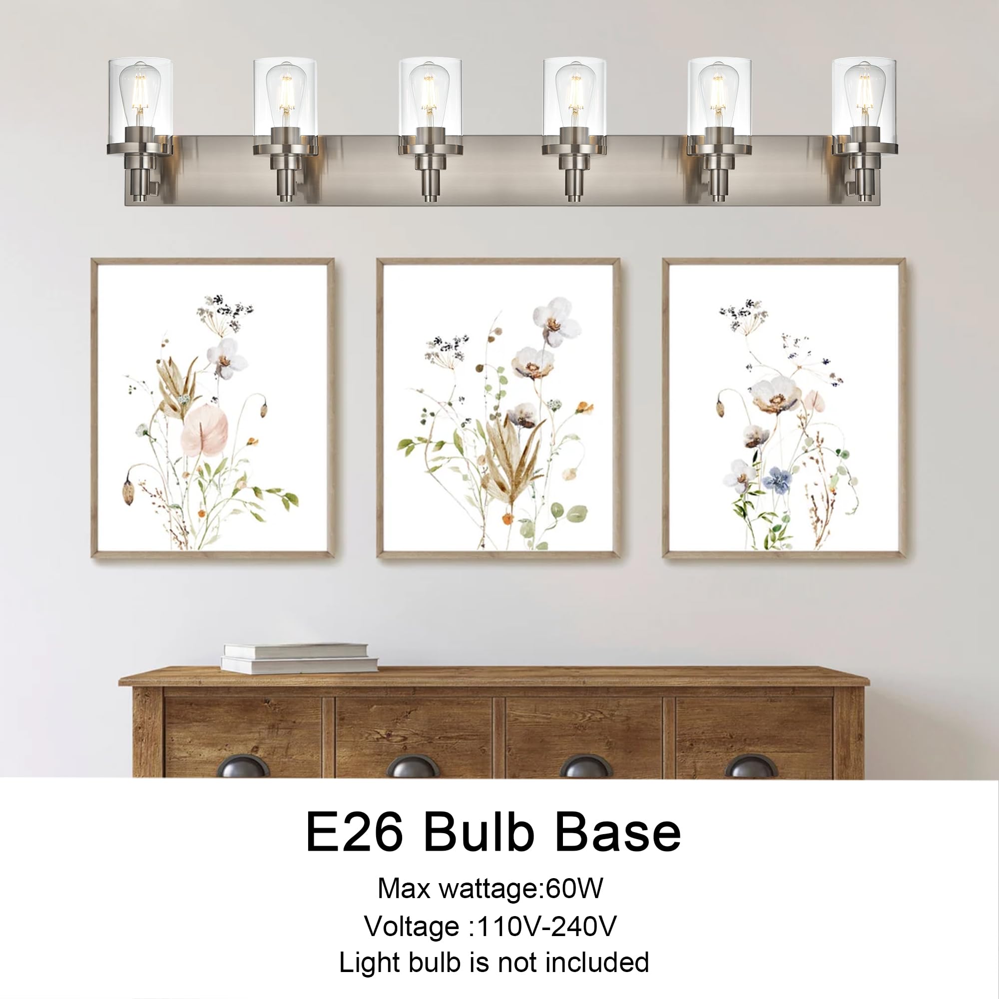 6-Light Modern Vanity Light Fixture - Brushed Nickel Bathroom Lighting with Clear Glass Sconces - Perfect for Mirror, Bedroom, Kitchen, Corridor & Staircase Lighting