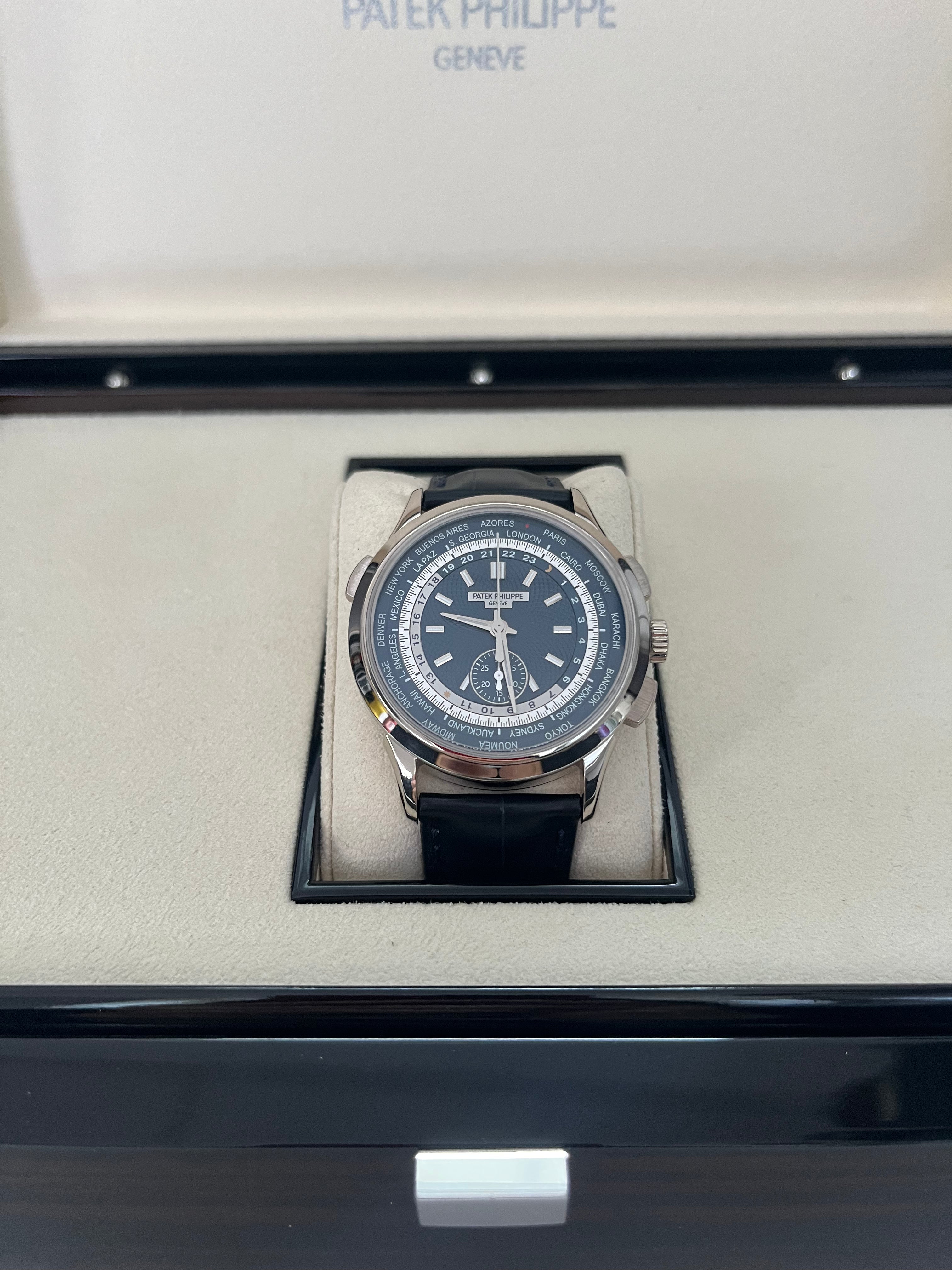 Patek Philippe World Time Chronograph Watch - 18K White Gold Case, Blue Dial, Ref#5930G-010 | Luxury Men's Watch for Business & Formal Occasions