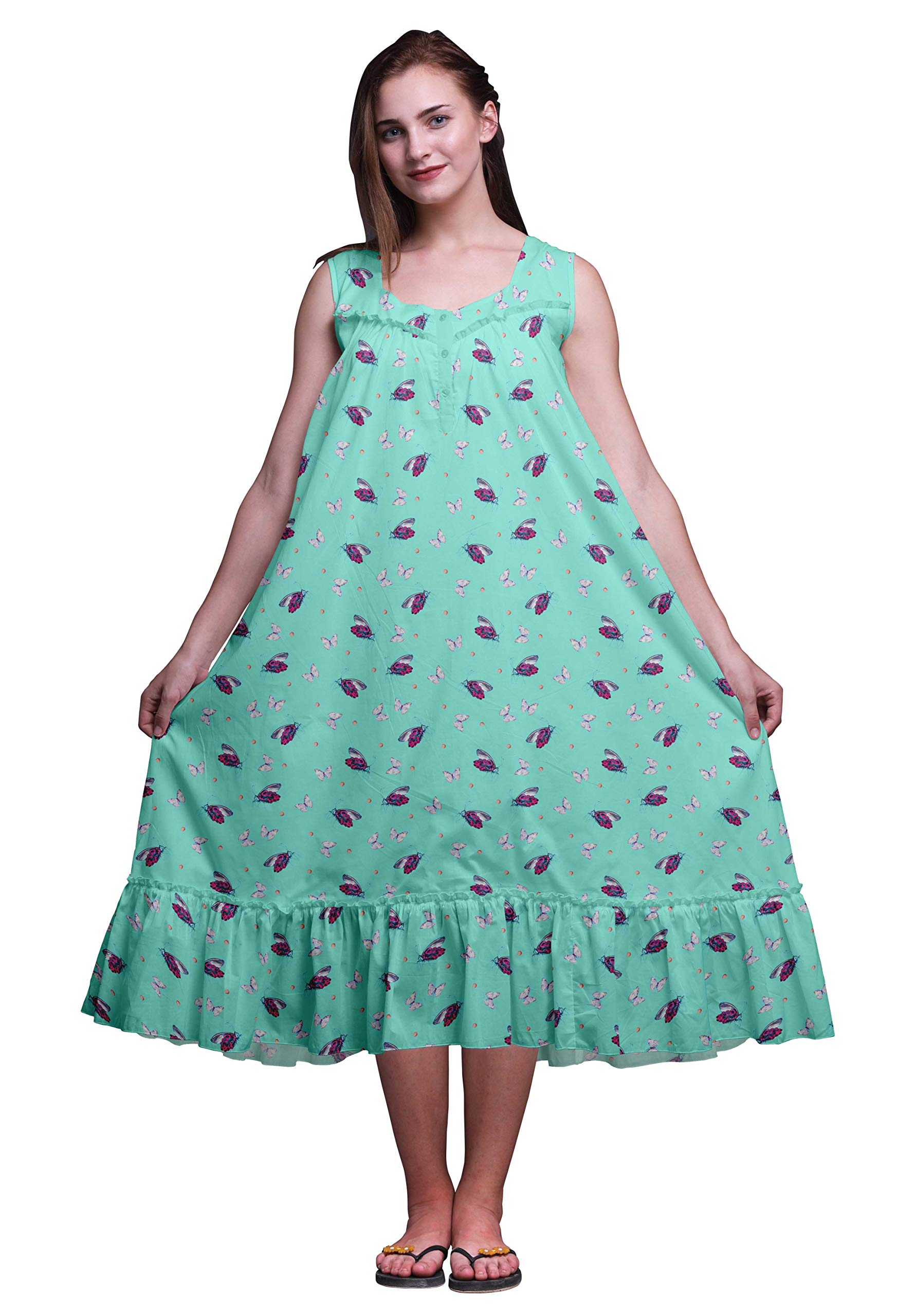 Bimba Women's Sleeveless Cotton Nightgown - Soft Printed Sleepwear Dress Mid-Calf Length | Perfect for Summer Nights, Lounge Wear & Comfortable Sleep