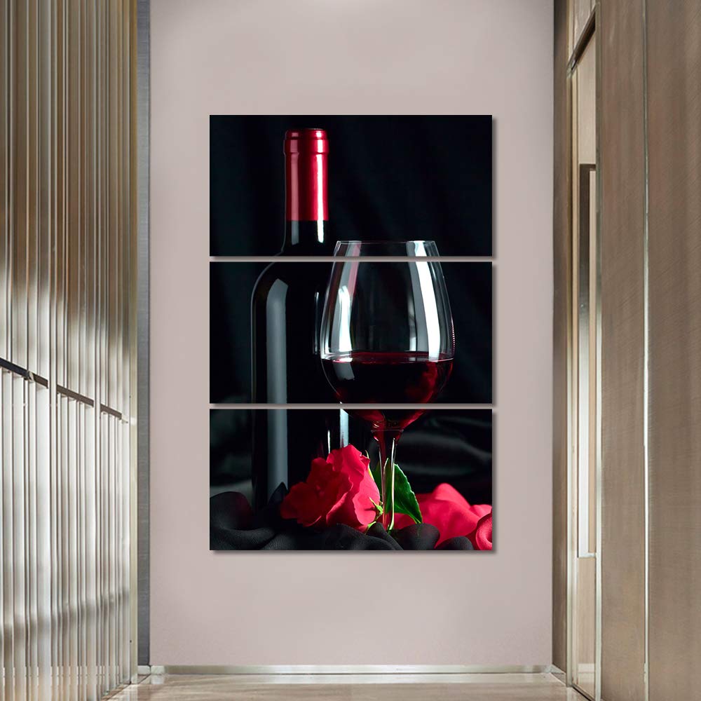 3 Piece Canvas Wall Art - Red Rose & Wine Bottles Giclee Paintings, Modern Wooden Framed Stretched Posters (60x40 Inch) for Dining Room Decor | Perfect for Home, Restaurant & Wine Bar Wall Decor