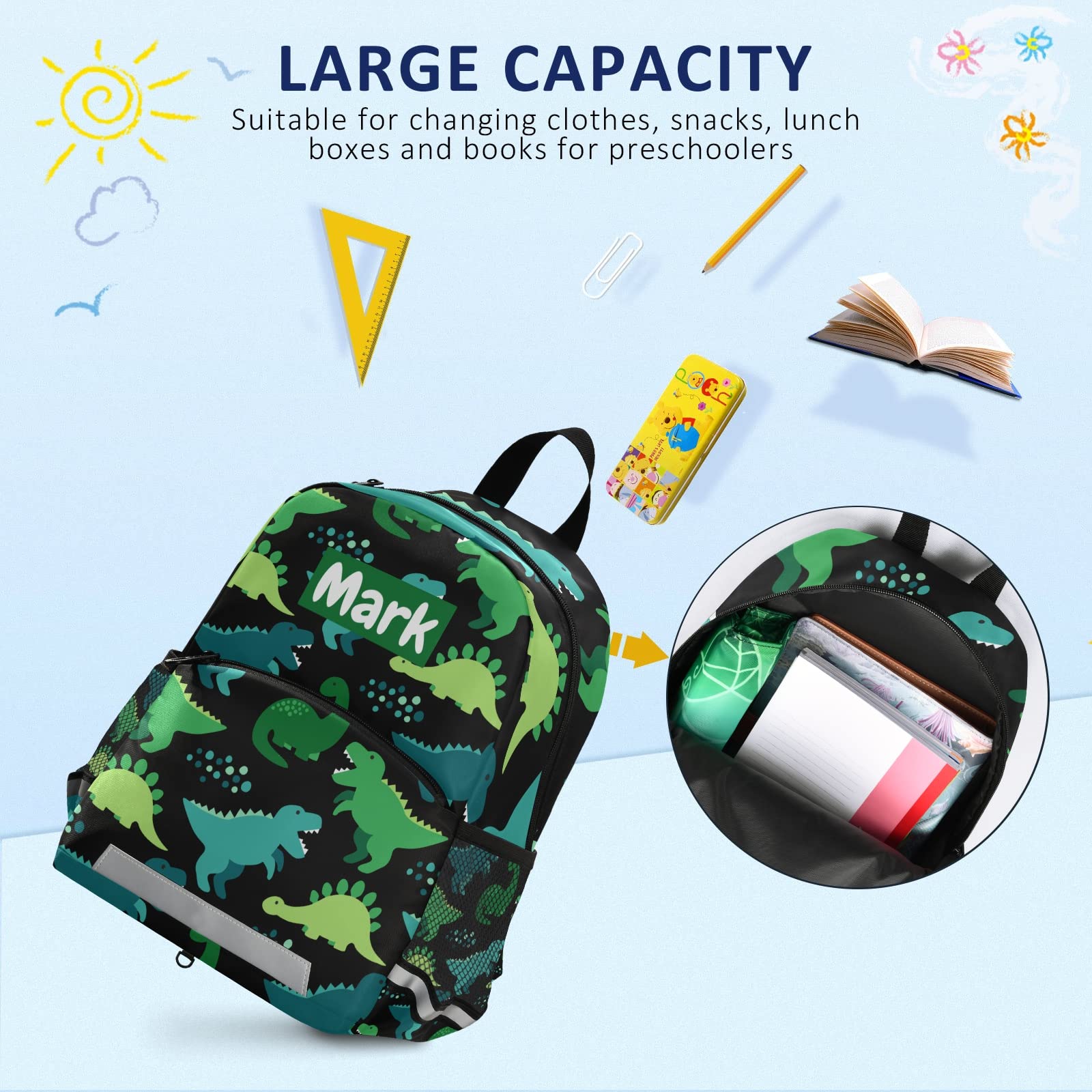 **Personalized Dinosaur Kids Backpack with Name - Adjustable Shoulder Straps for Boys & Girls - Cute Preschool & School Backpack for Daycare, Travel & Outdoor Adventures**