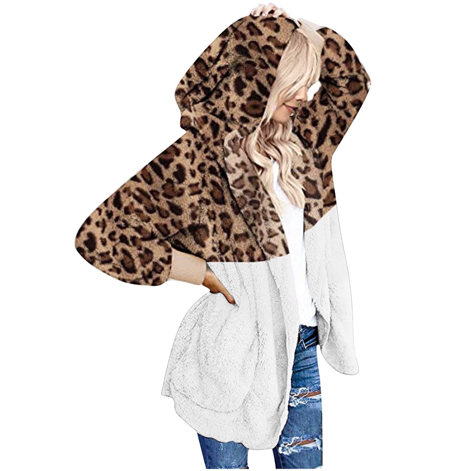 Women's Leopard Print Fleece Cardigan Coat - Hooded Long Sleeve Patchwork Blouse Top for Casual Wear & Fall Fashion