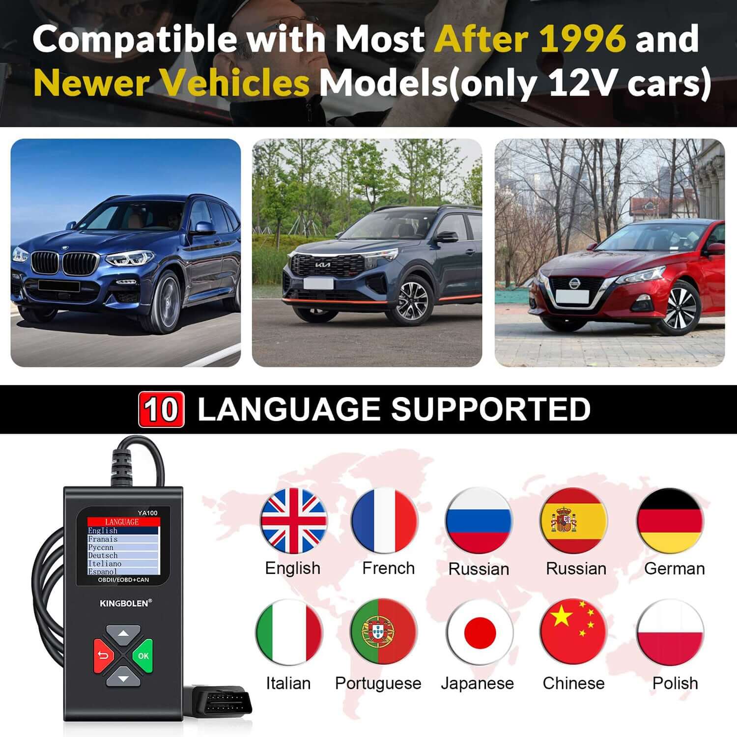 KINGBOLEN YA100 Auto OBD2 Scanner - Professional Car Diagnostic Tool for Engine & Exhaust Inspection | Perfect for Mechanics & DIY Car Maintenance