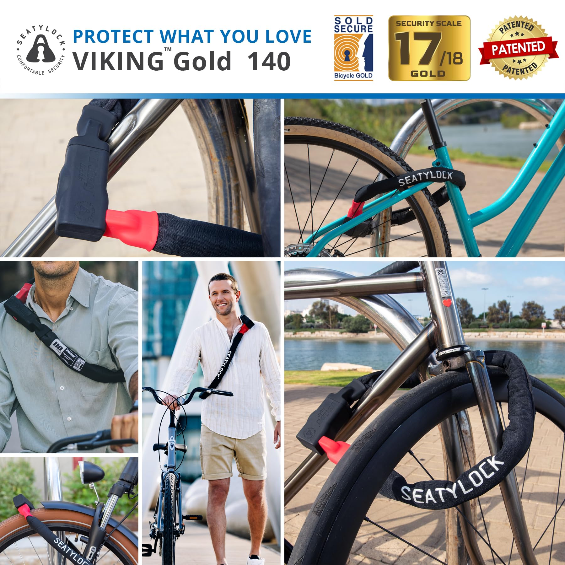 Seatylock Viking Chain Bike Lock - Heavy Duty Anti-Theft Motorcycle & E-Bike Lock with Sold Secure Gold Rating - Ultra Secure Electric Bike Chain Lock (55.1 Inch) - Perfect for Urban Commuting, Bike Parking & E-Scooter Security