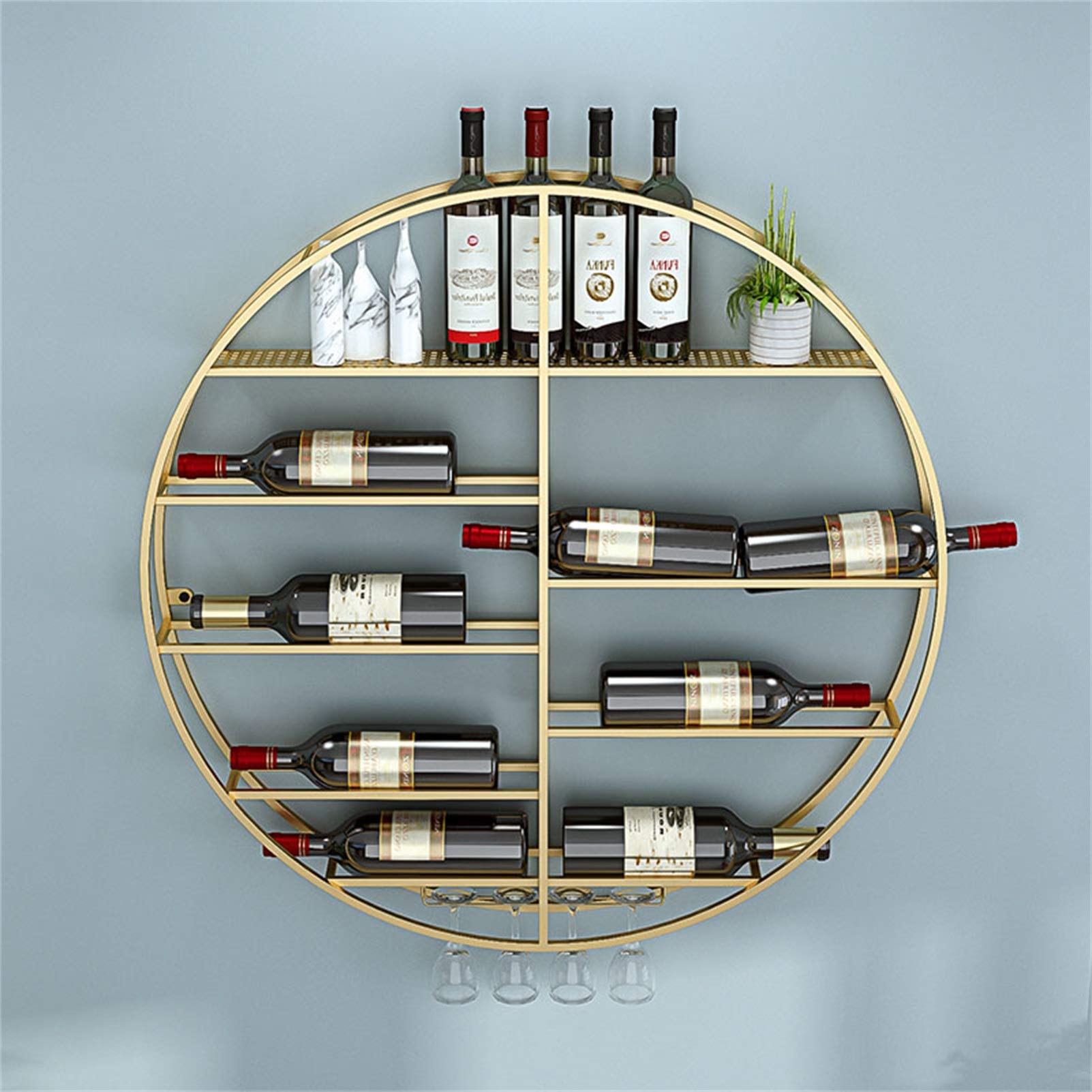 Premium Wall Mounted Wine Rack - Large Capacity Round Display Holder for 12 Bottles & 4 Stem Glasses (Gold/Black, 60-90cm) - Perfect for Kitchen, Dining Room & Home Bar Decor