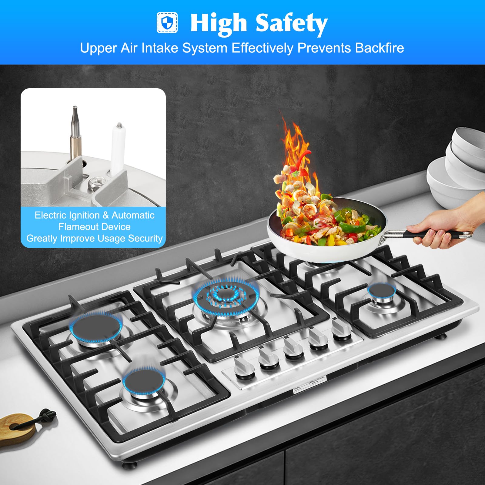 33.8 Inch 5-Burner Built-In Natural Gas Cooktop - Stainless Steel Surface & Cast Iron Grates with Electric Ignition & Flame Failure System (860x500mm) - Perfect for Modern Kitchens, Home Cooking & Professional Chefs