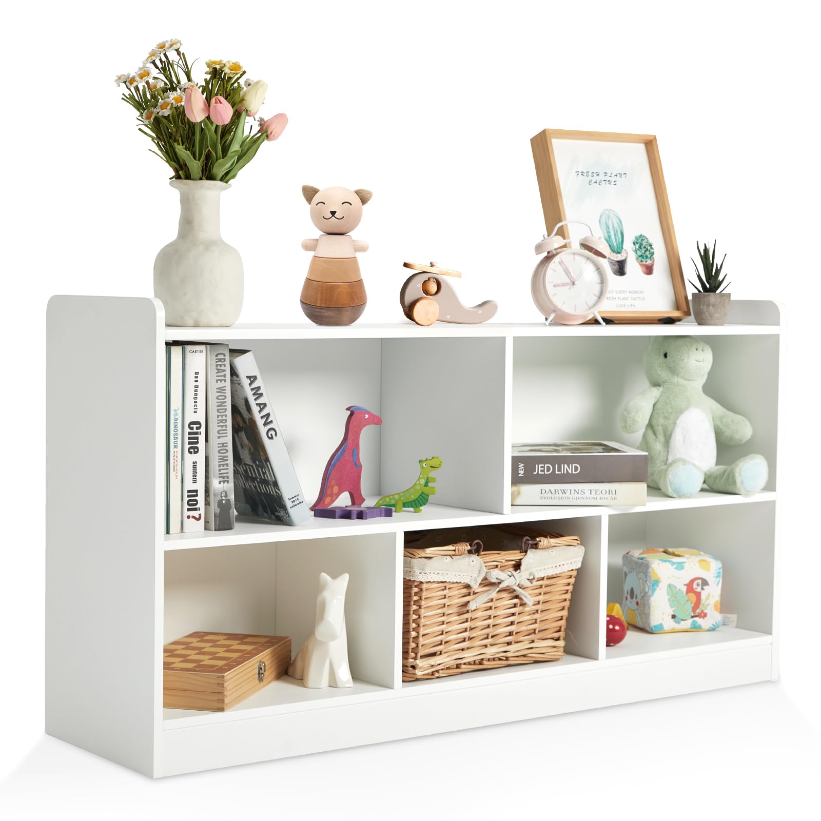 Montessori Wooden Toy Storage Organizer - 2 Shelf Bookcase & 5-Section Cabinet for Kids Books & Toys | Perfect for Toddler Rooms, Playrooms, Nurseries & Kindergartens | Organize & Display Educational Toys & Storybooks