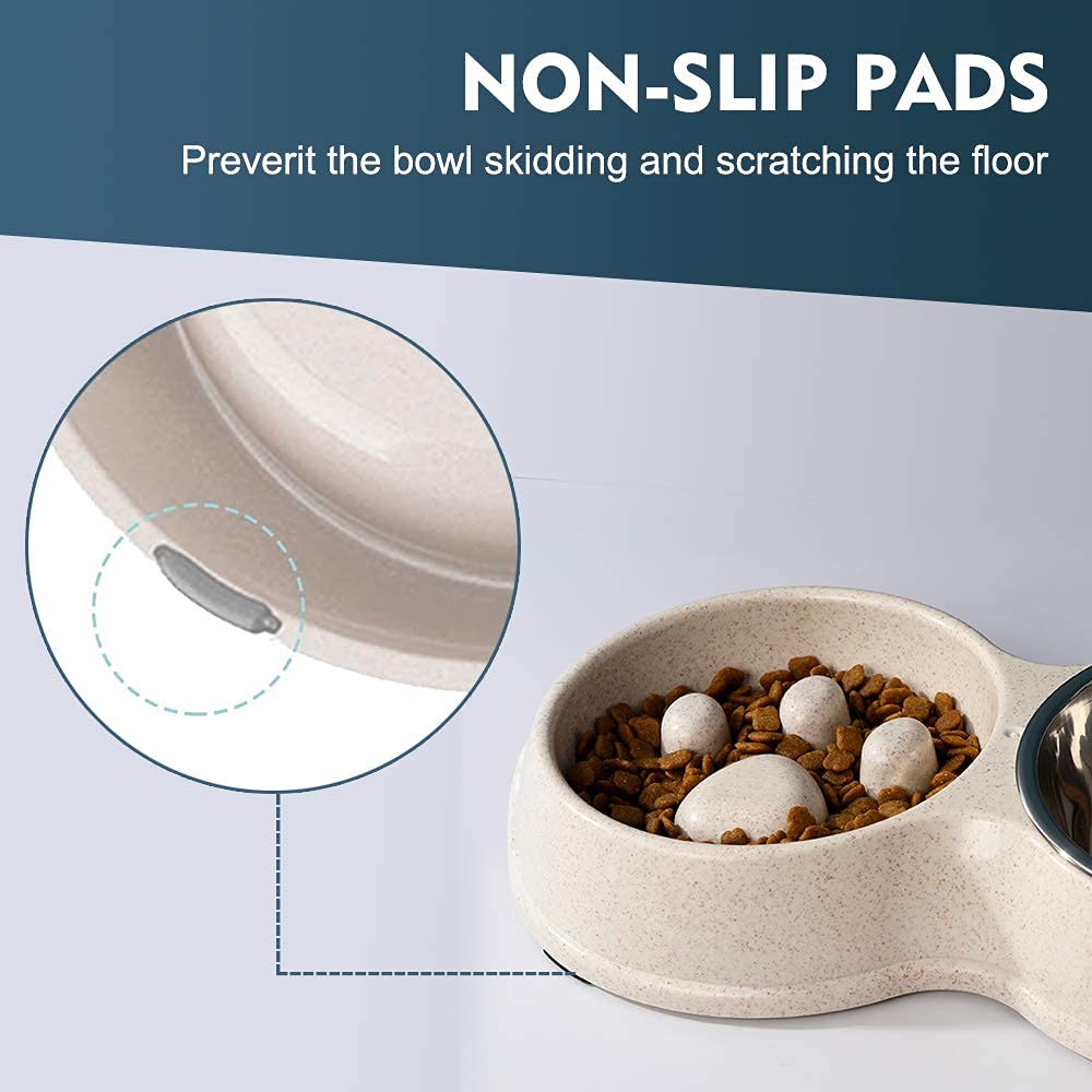 Slow Feed Dog Bowl for Small Dogs - Double Bowl Pet Feeder with Water Dispenser - Perfect for Mealtime Anxiety & Portion Control for Cats and Puppies