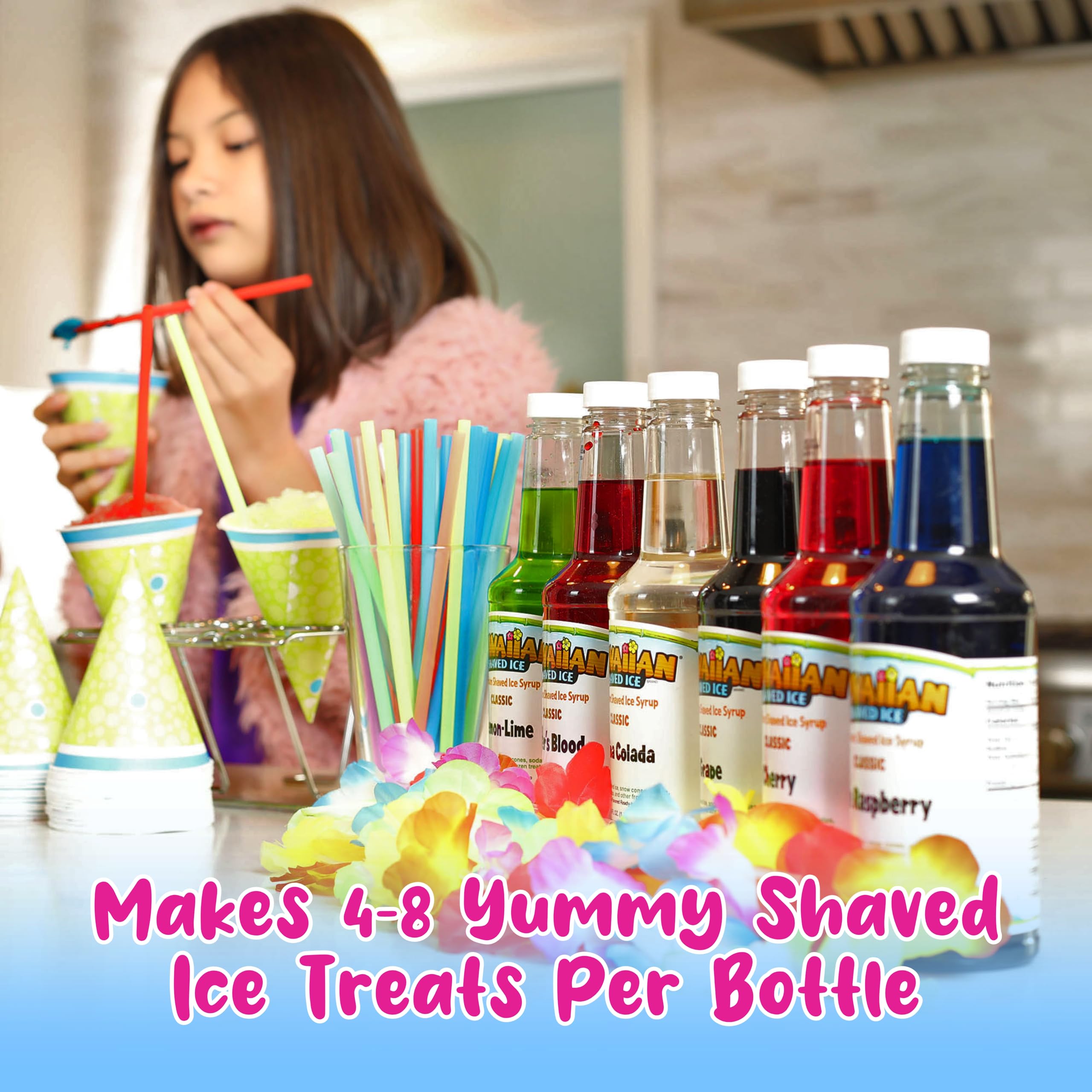 Hawaiian Shaved Ice Machine Kit with 3-16oz Syrup Flavors (Cherry, Grape, Blue Raspberry) - Includes 50 Spoon Straws & 3 Black Pour Spouts for Home Parties, Summer Treats & Kids Snacks