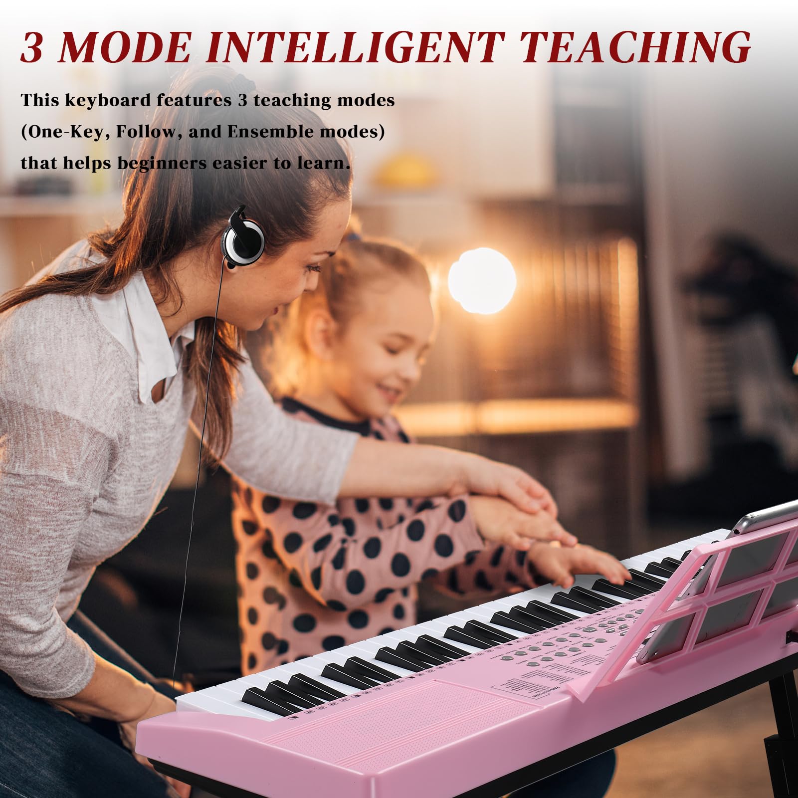 Ktaxon 61-Key Electric Keyboard Piano Set with Headphone, Microphone, Music Stand, Power Adapter, Adjustable Stand & Bench - Light Pink Keys for Beginners & Home Practice | Perfect for Kids, Students & Music Lovers