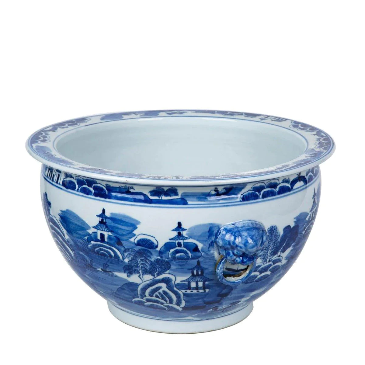 Blue and White Mountain Pagoda Porcelain Planter with Lion Head Handle - Elegant Chinese Ceramic Flower Pot for Home Decor, Office Desk, and Garden Display