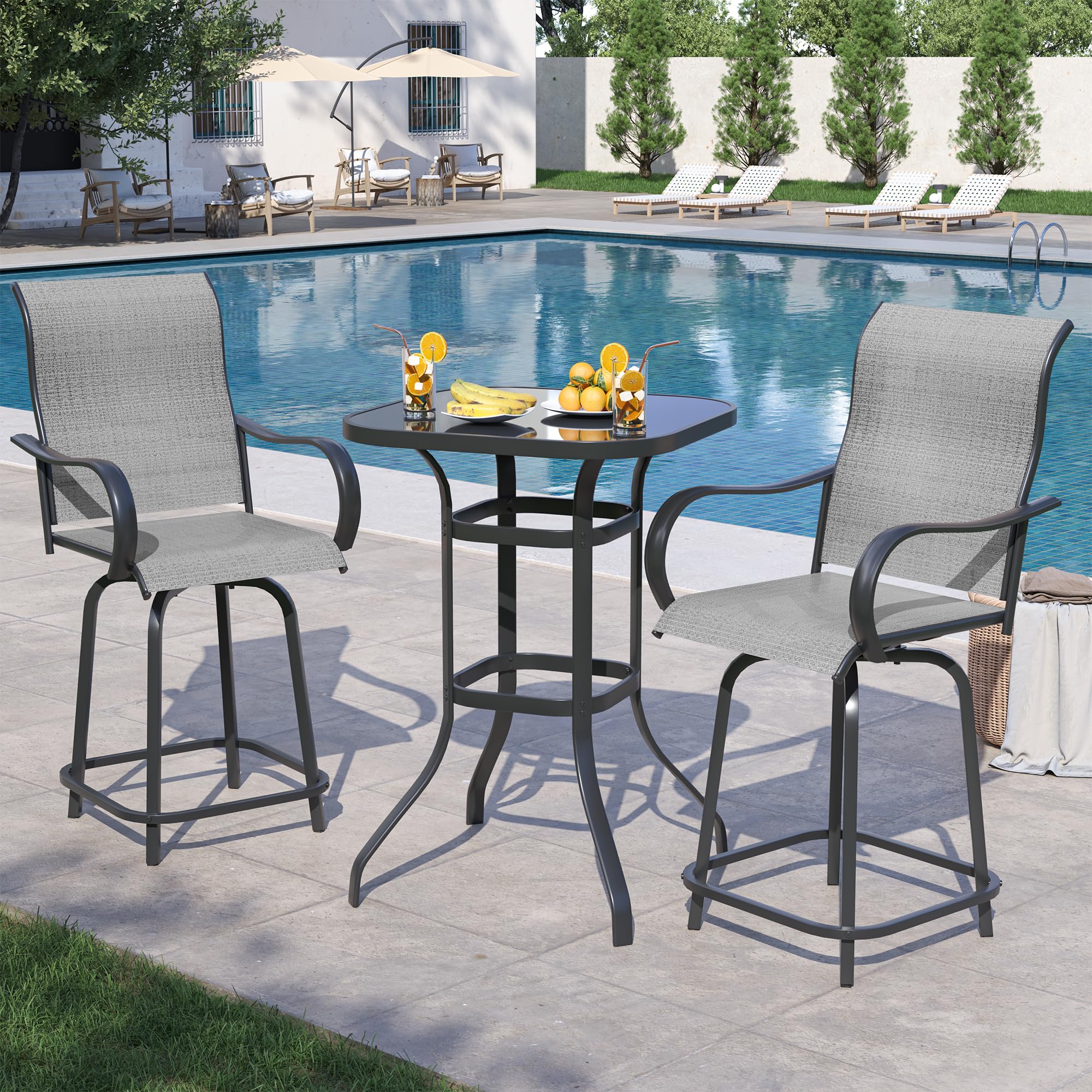 UDPATIO 2-Pack Outdoor Swivel Bar Stools with High Back & Armrest - All-Weather Rocking Bar Height Chairs for Backyard, Garden, Balcony, Pool (Grey & White) - Perfect for Entertaining, Relaxing & Outdoor Dining