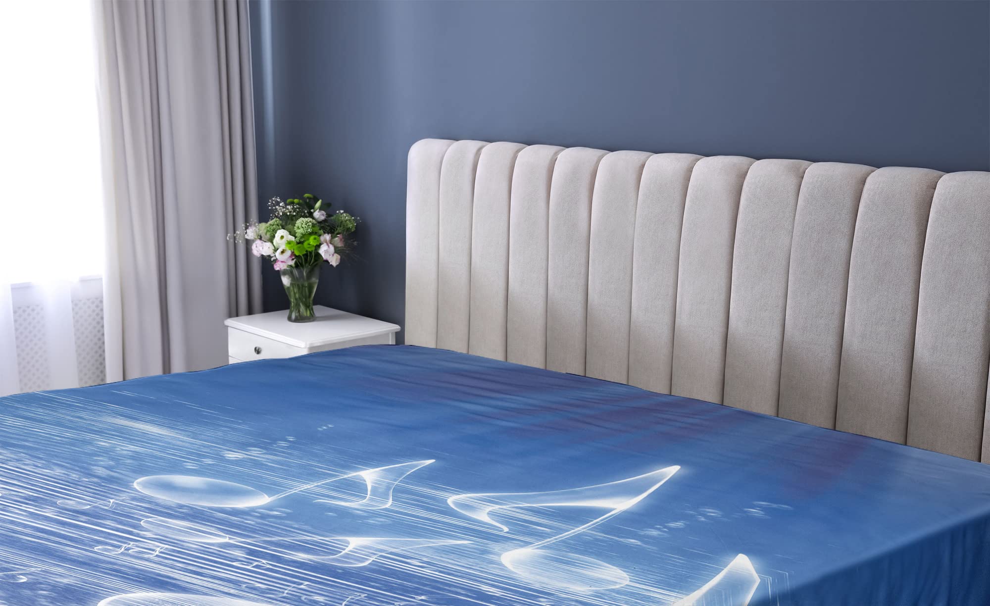 Ambesonne Music Themed Fitted Sheet - Twin Size Blue with Water Musical Notes & Dancing Waves Design | Deep Pocket All-Around Elastic for Comfort | Perfect for Music Lovers' Bedrooms, Dorms & Guest Rooms
