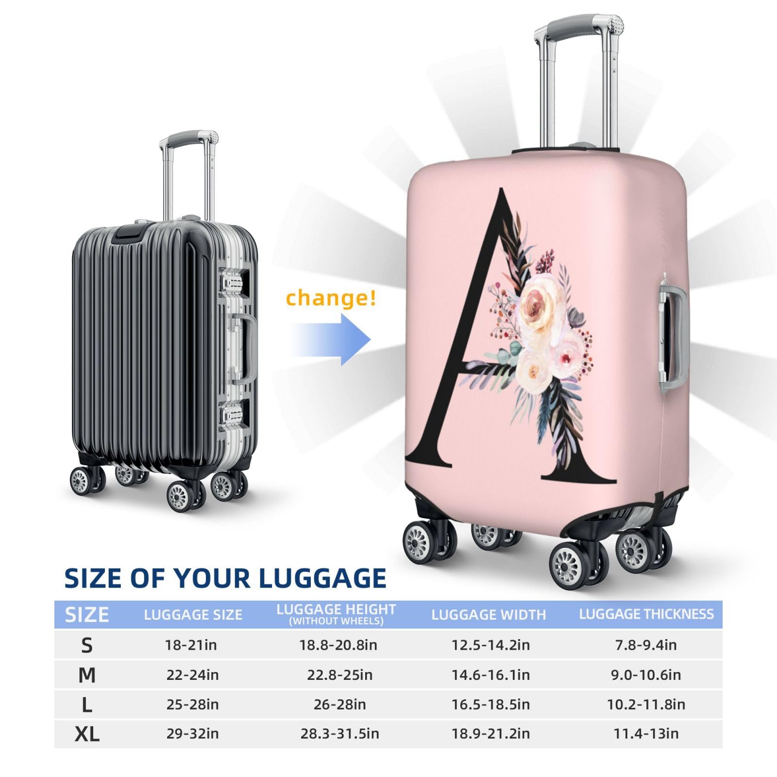 Cute Pink Spandex Suitcase Cover with Black Letter A & Boho Floral Design - Anti-Scratch, Dust-Proof Washable Luggage Protector for Kids & Adults (Fits 18-21 Inch Bags) - Perfect for Travel, Airplane Trips & Suitcase Protection