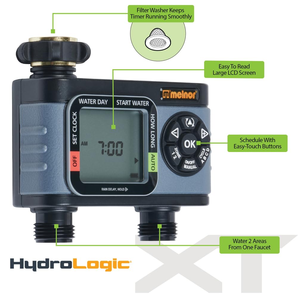 Melnor HydroLogic 2-Zone Digital Water Timer for Garden & Lawn Irrigation - Automatic Sprinkler System Controller with Easy Programming